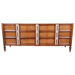 Retro Romweber Midcentury Hollywood Regency Burl Wood Triple Dresser or Credenza