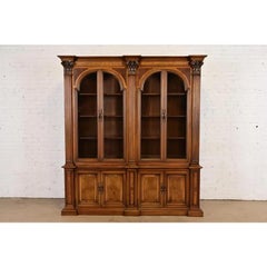 Romweber Neoclassical Carved Burled Walnut Lighted Breakfront Bookcase Cabinet