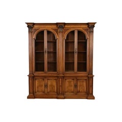 Romweber Neoclassical Carved Burled Walnut Lighted Breakfront Bookcase Cabinet