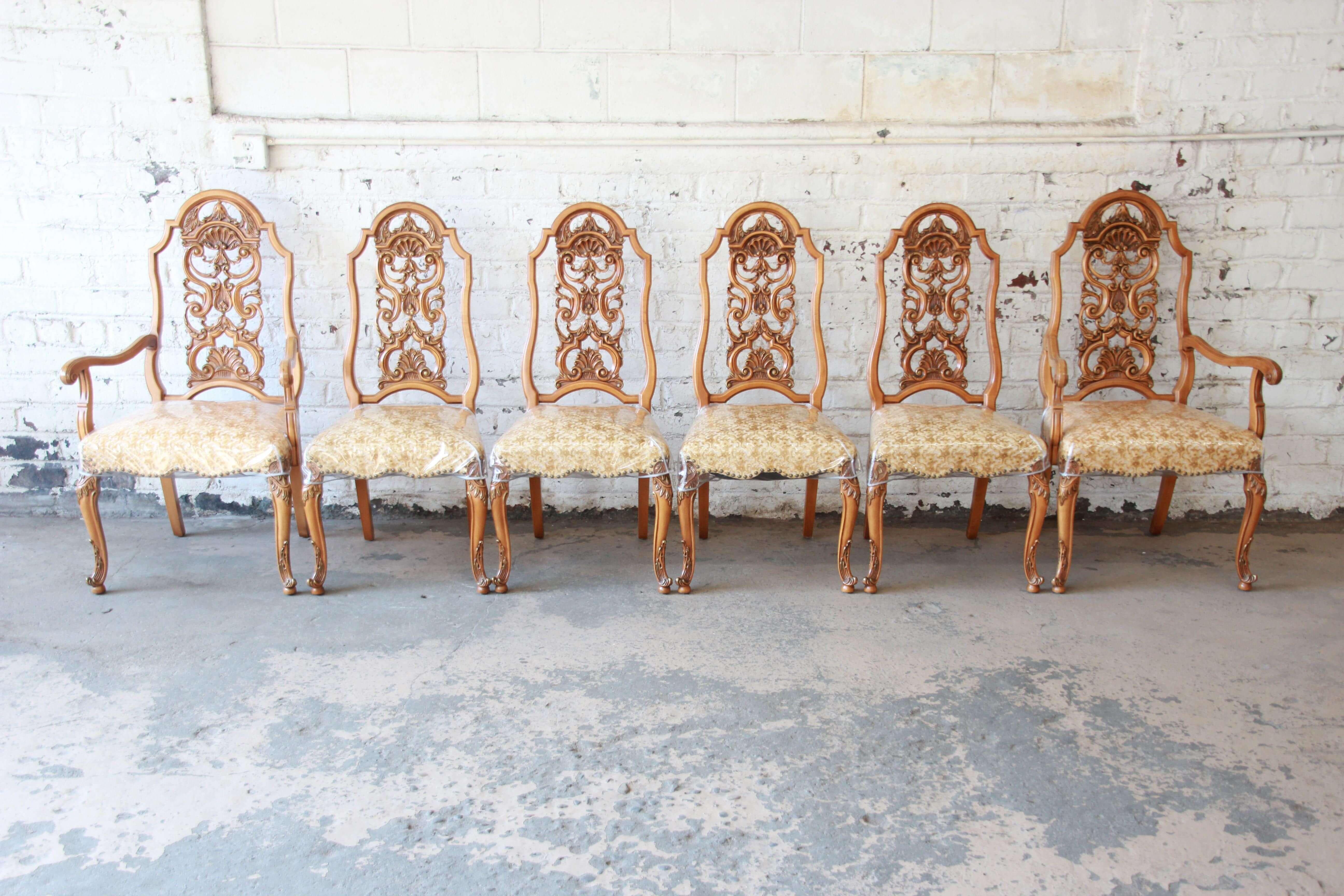 Mid-20th Century Romweber Ornate Burl Wood French Carved Extension Dining Table & Six Chairs