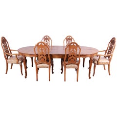 Romweber Ornate Burl Wood French Carved Extension Dining Table & Six Chairs