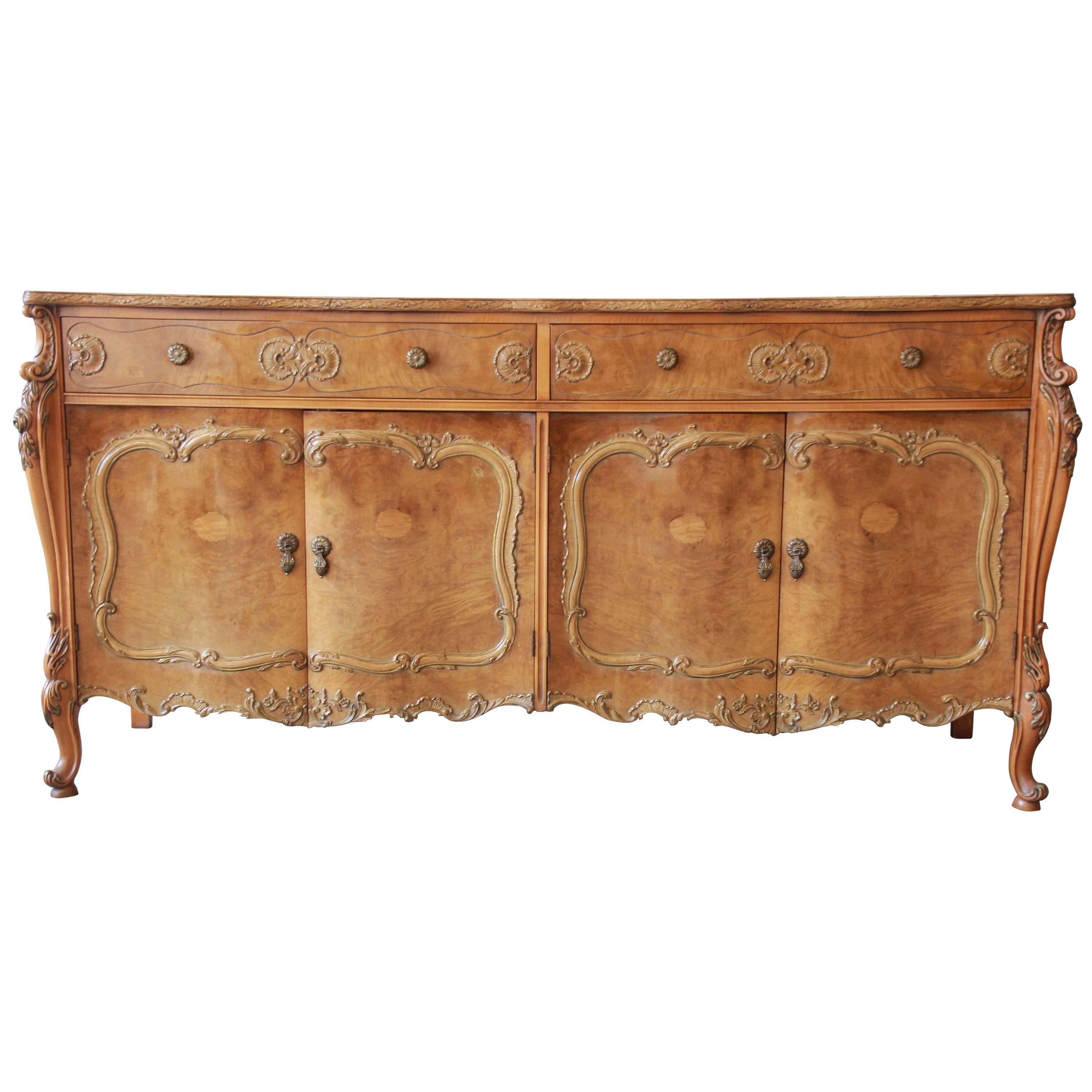 Romweber Ornate Burl Wood French Carved Sideboard Credenza For Romweber Ornate Burl Wood French Carved Sideboard Credenza For At 1stdibs