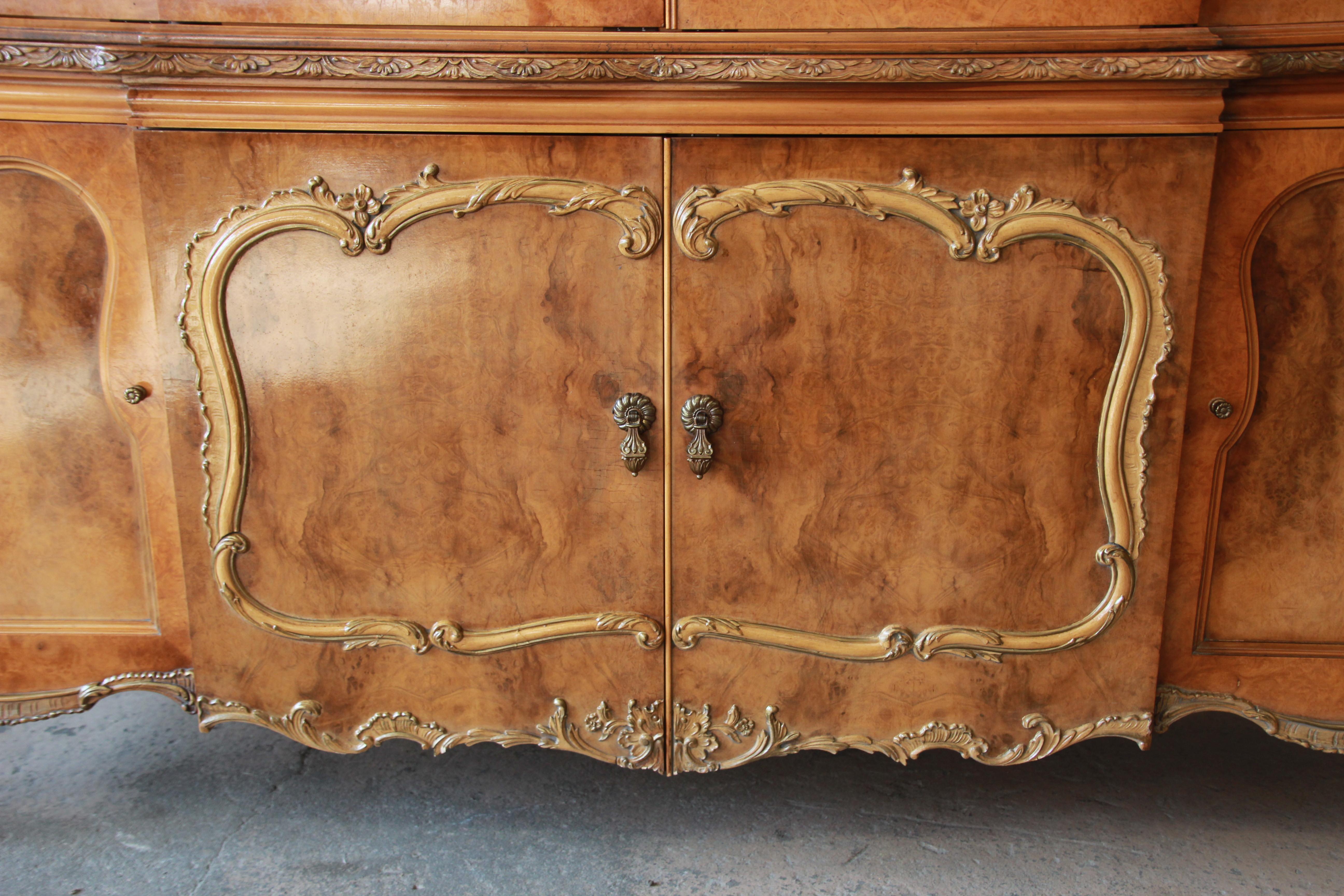 Mid-20th Century Romweber Ornate Burl Wood French Carved Sideboard with Hutch