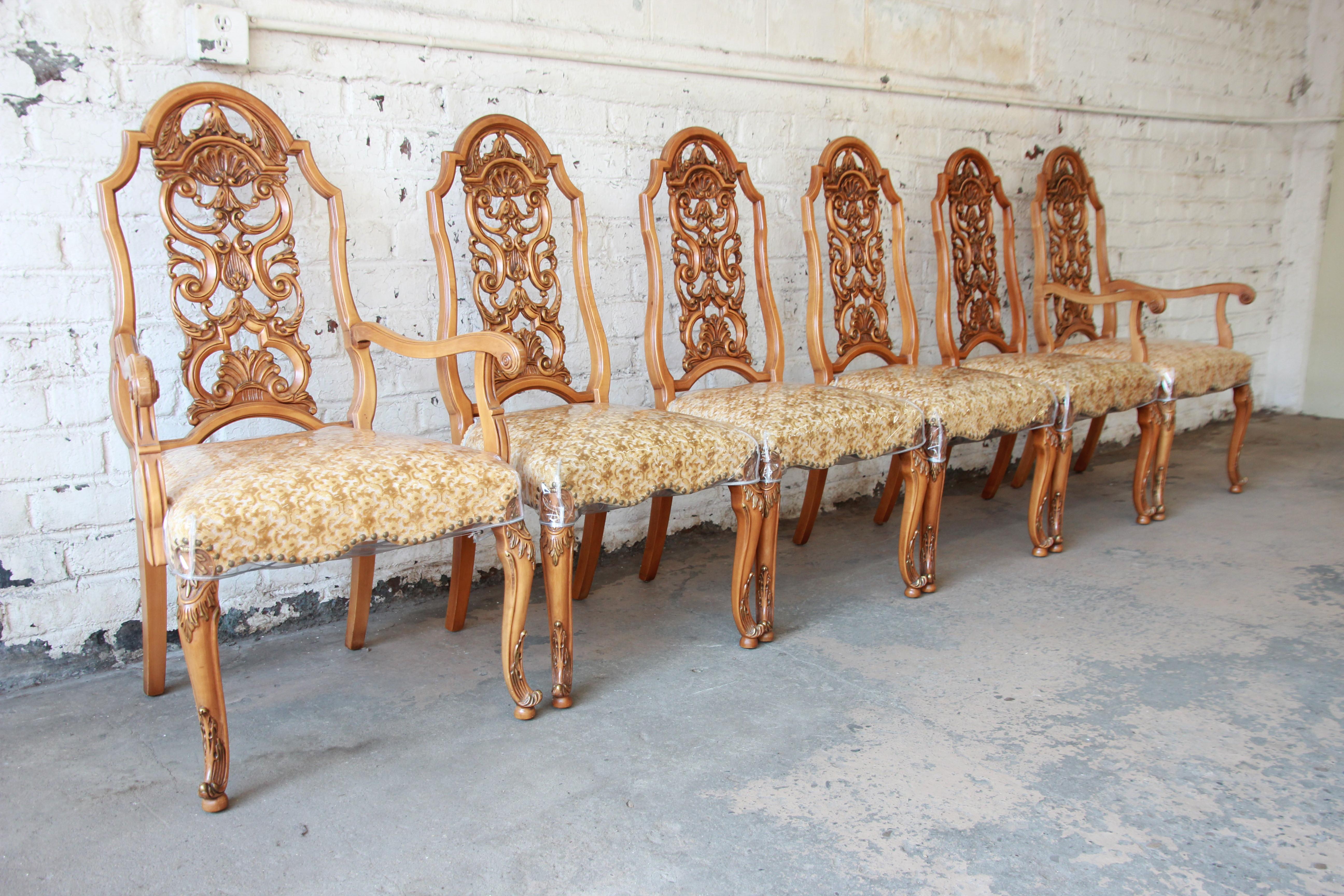 American Romweber Ornate French Carved Dining Chairs, Set of Six