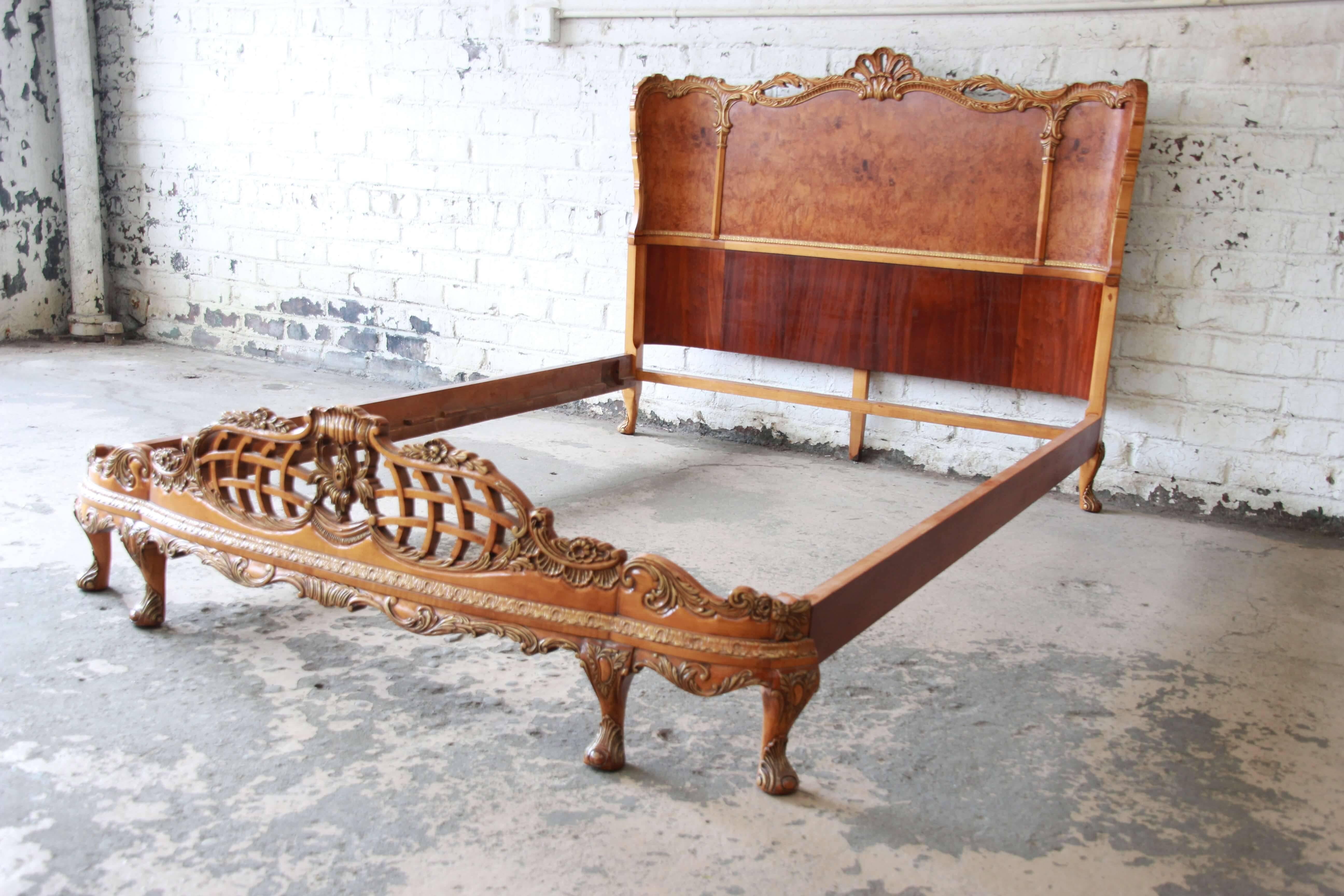 Early 20th Century Romweber Ornate French Louis XV Burled Maple Full Size Bed, 1920s