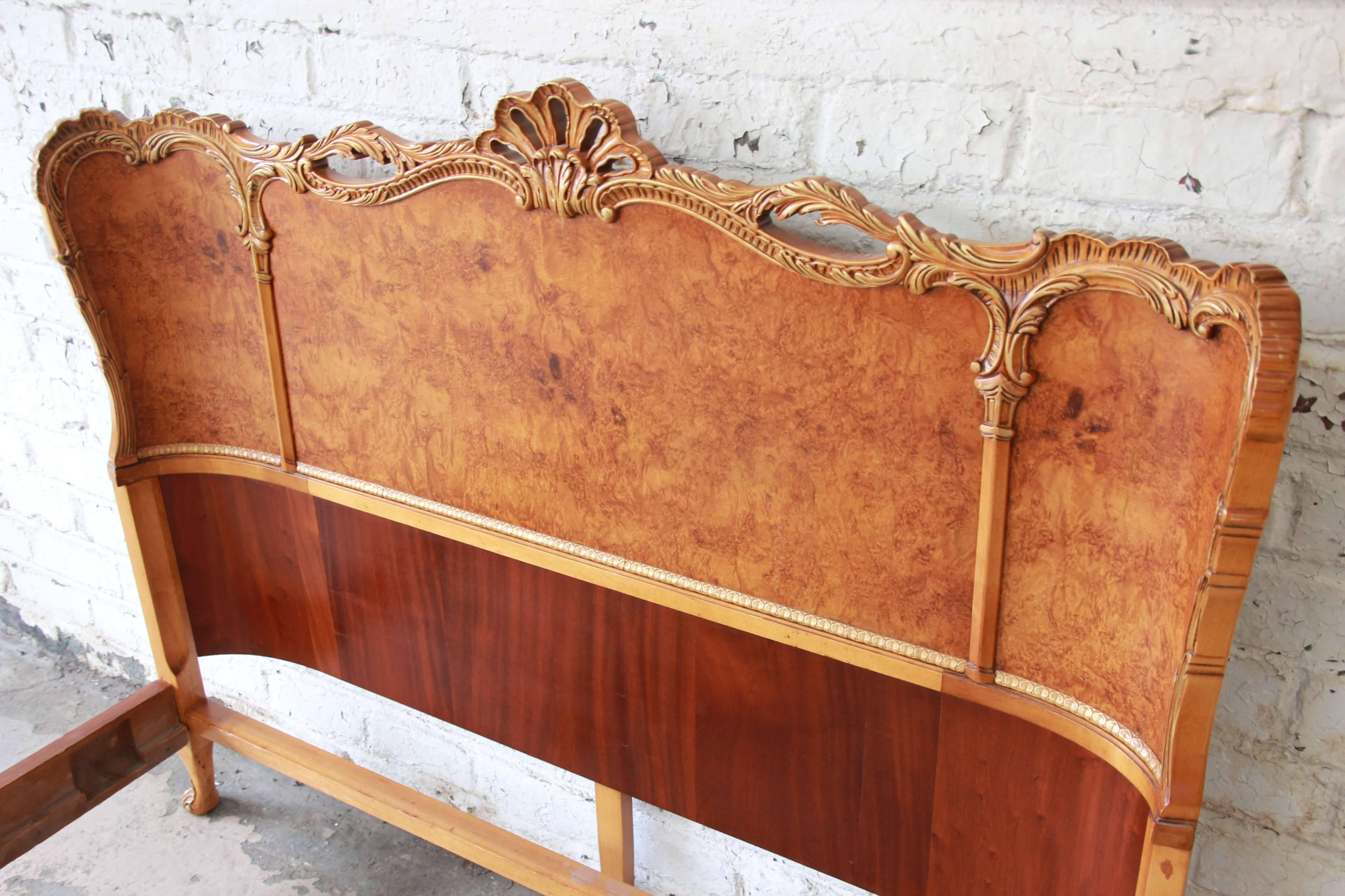 Romweber Ornate French Louis XV Burled Maple Full Size Bed, 1920s 2