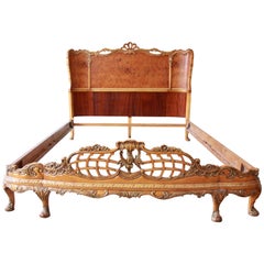 Antique Romweber Ornate French Louis XV Burled Maple Full Size Bed, 1920s