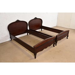 Romweber Style Antique French Provincial Louis XV Mahogany Twin Beds, Pair