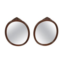 Romweber Style Antique Victorian Carved Mahogany Oval Wall Mirrors, Pair