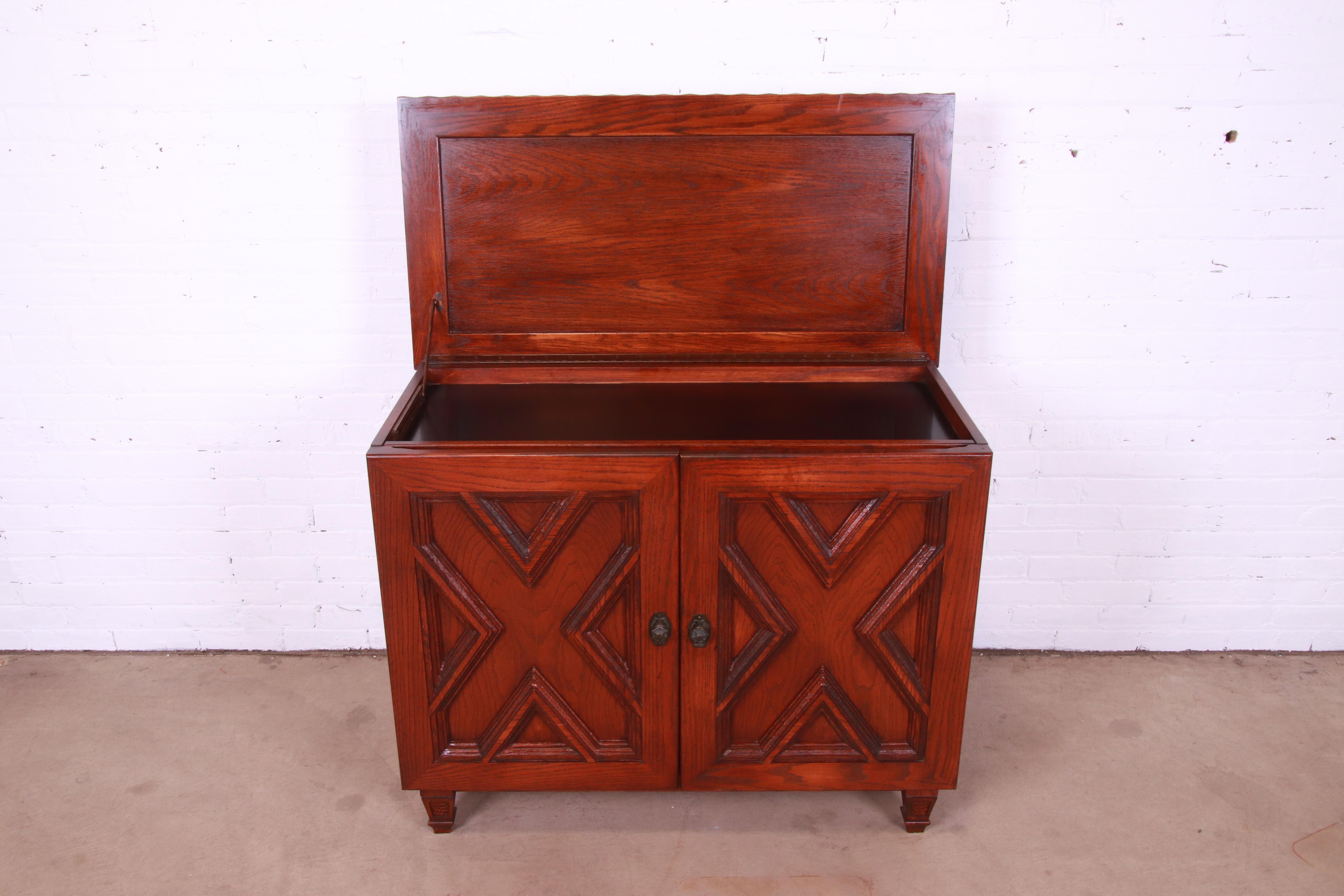 Brass Romweber Viking Oak Lift Top Bar Cabinet, Circa 1960s For Sale