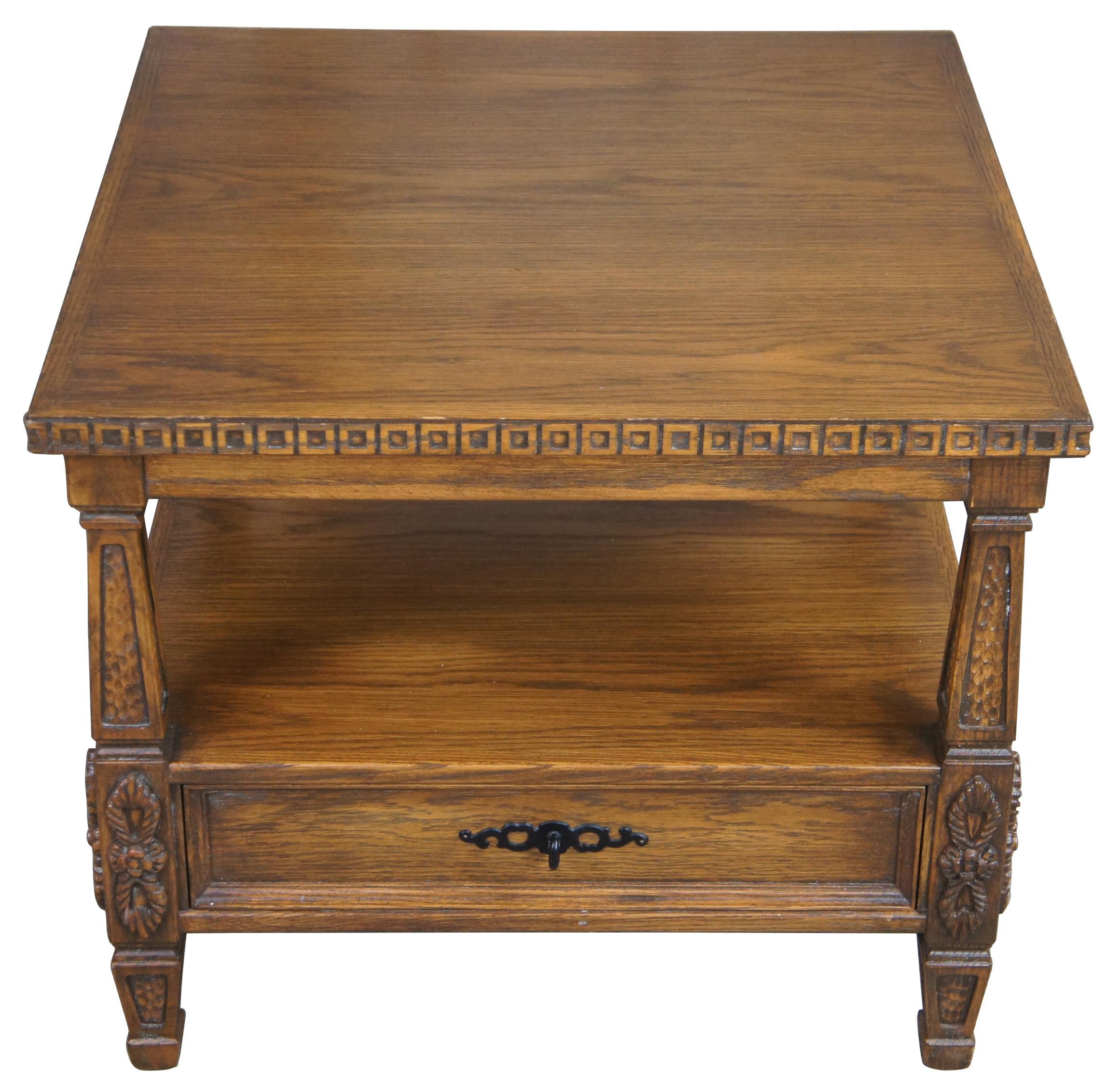 Romweber Viking oak side table with drawer, circa 1960s.

Romweber's roots go back to 1879 in Batesville, Indiana. One of the nations oldest case good furniture company. In the early 1930s, R. J. Romweber, grandson of the founder, took a trip to