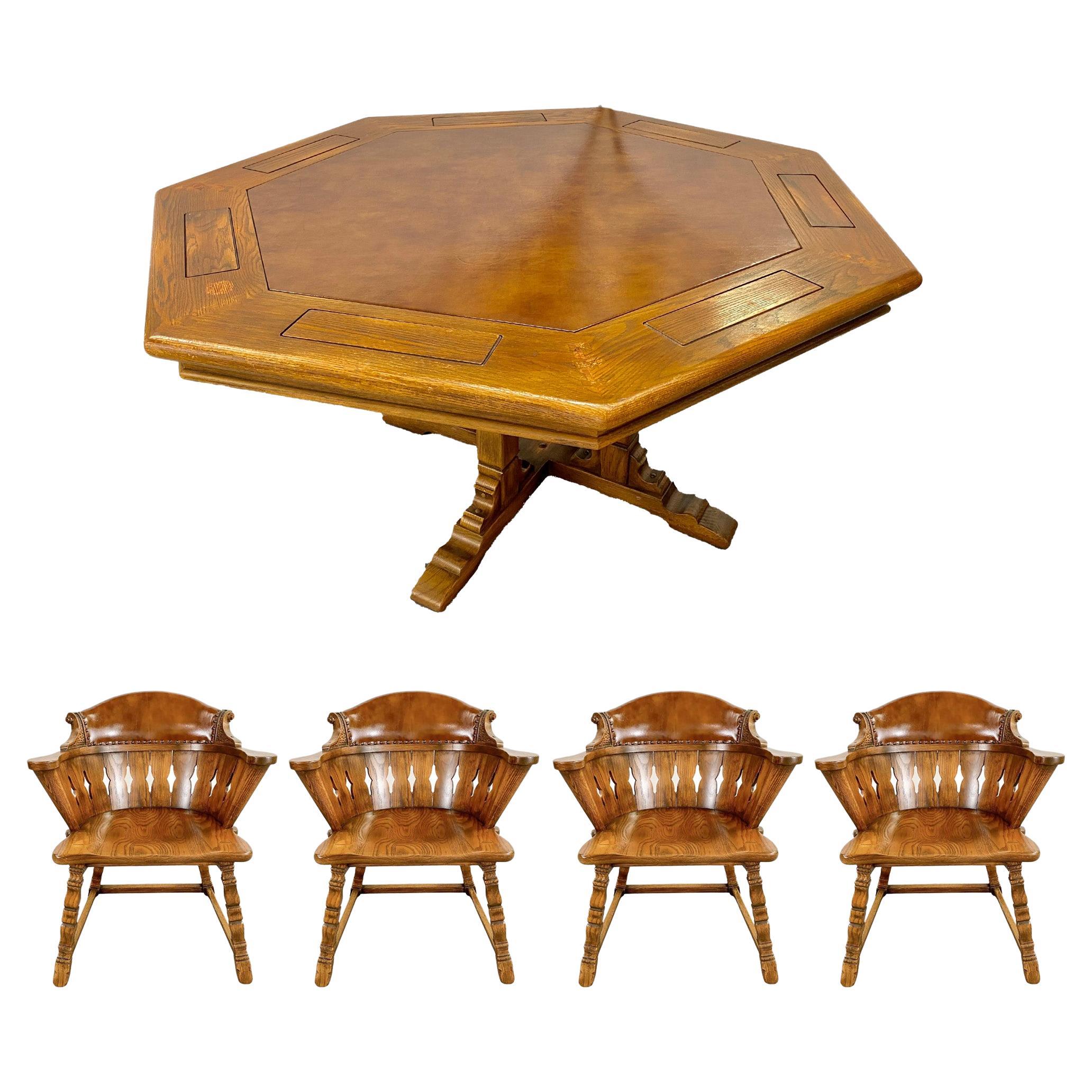 Romweber Viking Oak & Vinyl Top Poker Table with Barrel Chairs, a Set of 5 Pcs 