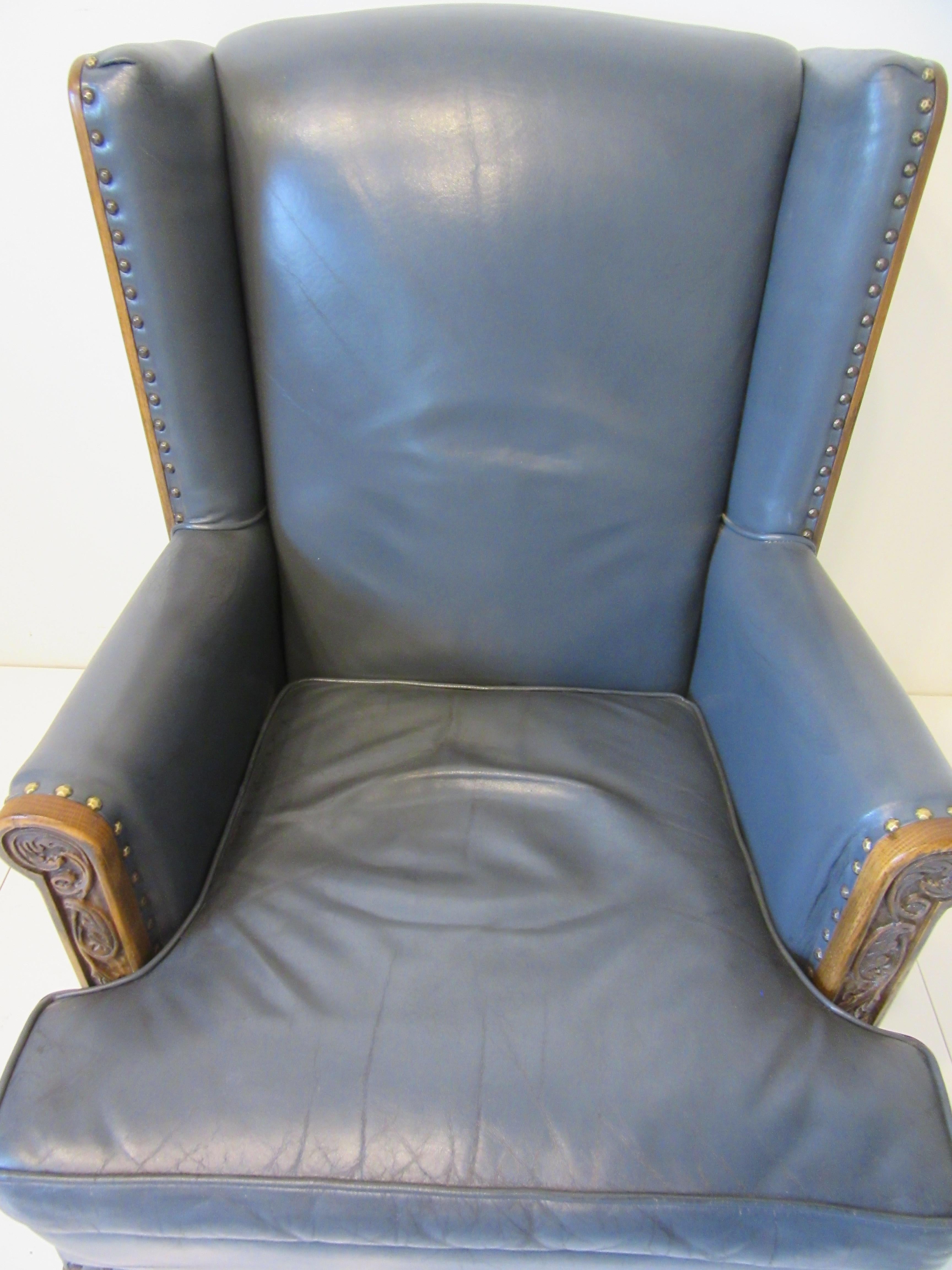 Romweber Wine Cellar Tasting Room Leather Carved Wingback Chair In Good Condition In Cincinnati, OH
