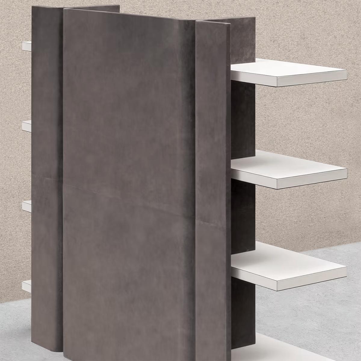 Bookshelf Romy leather with wood structure, with all structure 
covered with grey suede leather and with 4 shelves covered with
white grained calfskin leather.