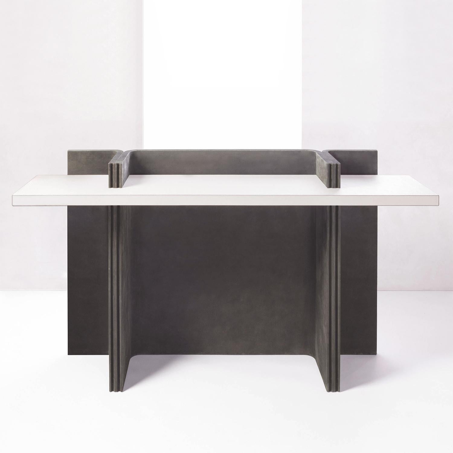 Console Table Romy Leather with wood structure, with all structure 
covered with grey suede leather and with top covered with white 
grained calfskin leather.
