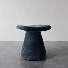 "Romy" Upholstered Stool in Deep Teal Faux Mohair by Christiane Lemieux