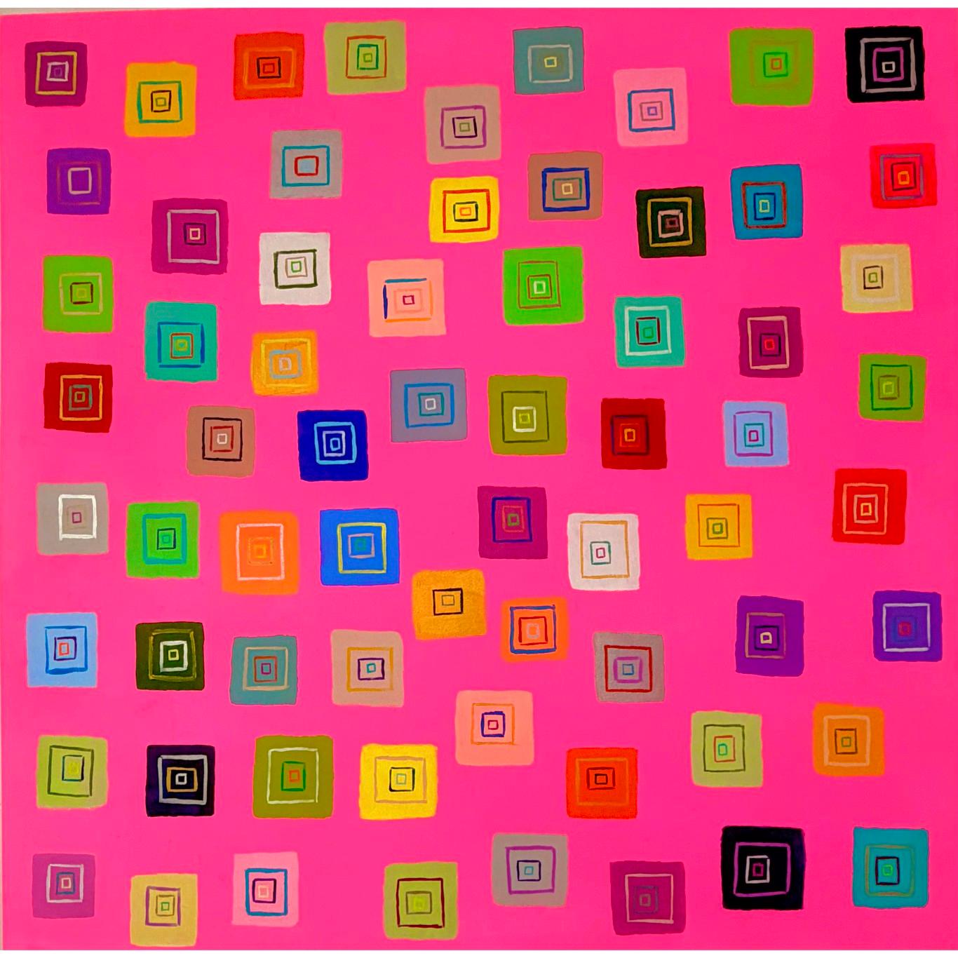 My Love of Square in Pink by Ron Agam, Abstract Geometric Color Composition 2026
Acrylic paint on wood panel 
60 x 60 inch

My Love of the Square in Pink by Ron Agam is a geometric composition featuring a vivid pink ground populated by a structured