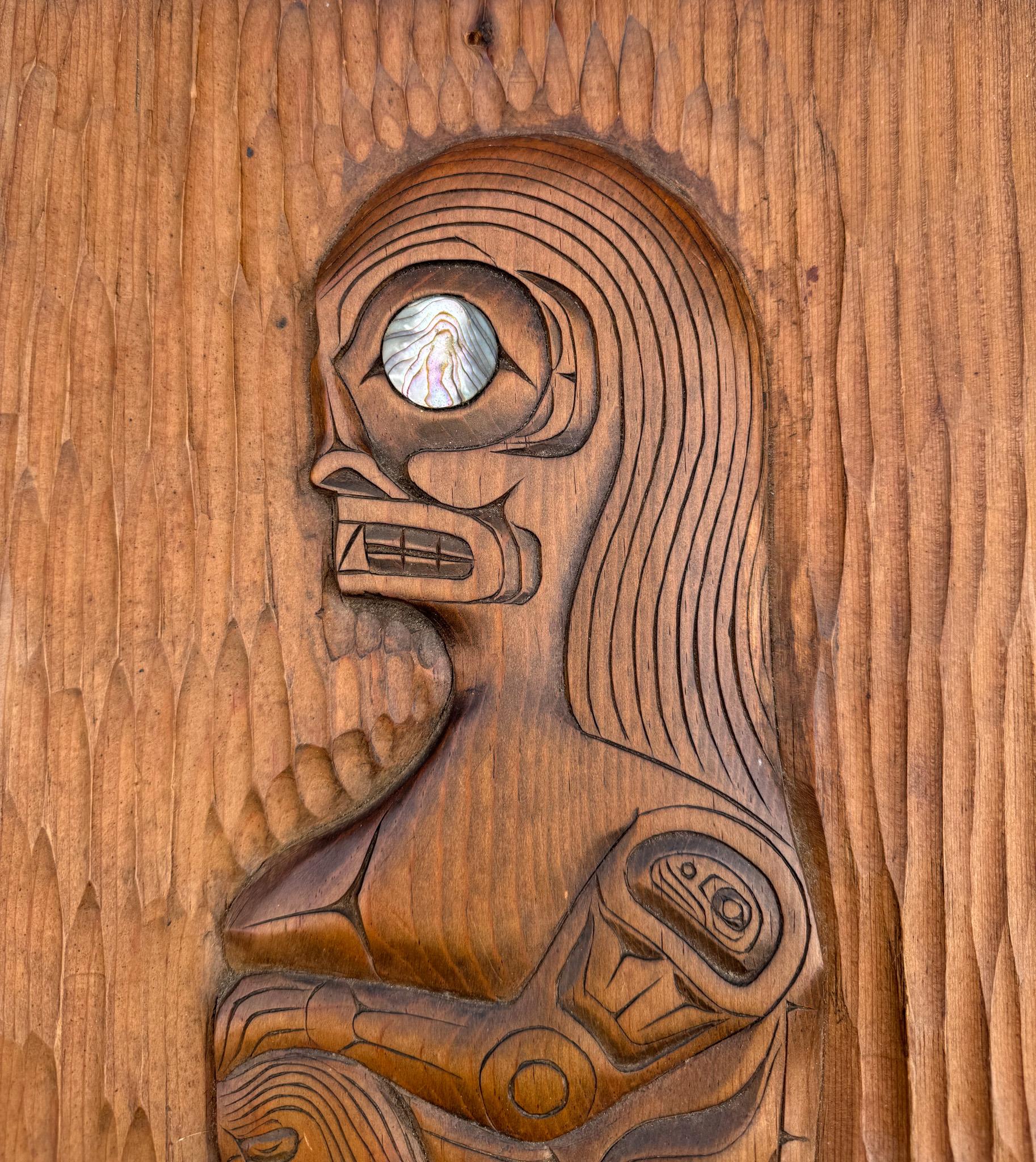 Native American Ron Aleck Carved Wood Plaque, Pacific North West Coast, 20th Century For Sale