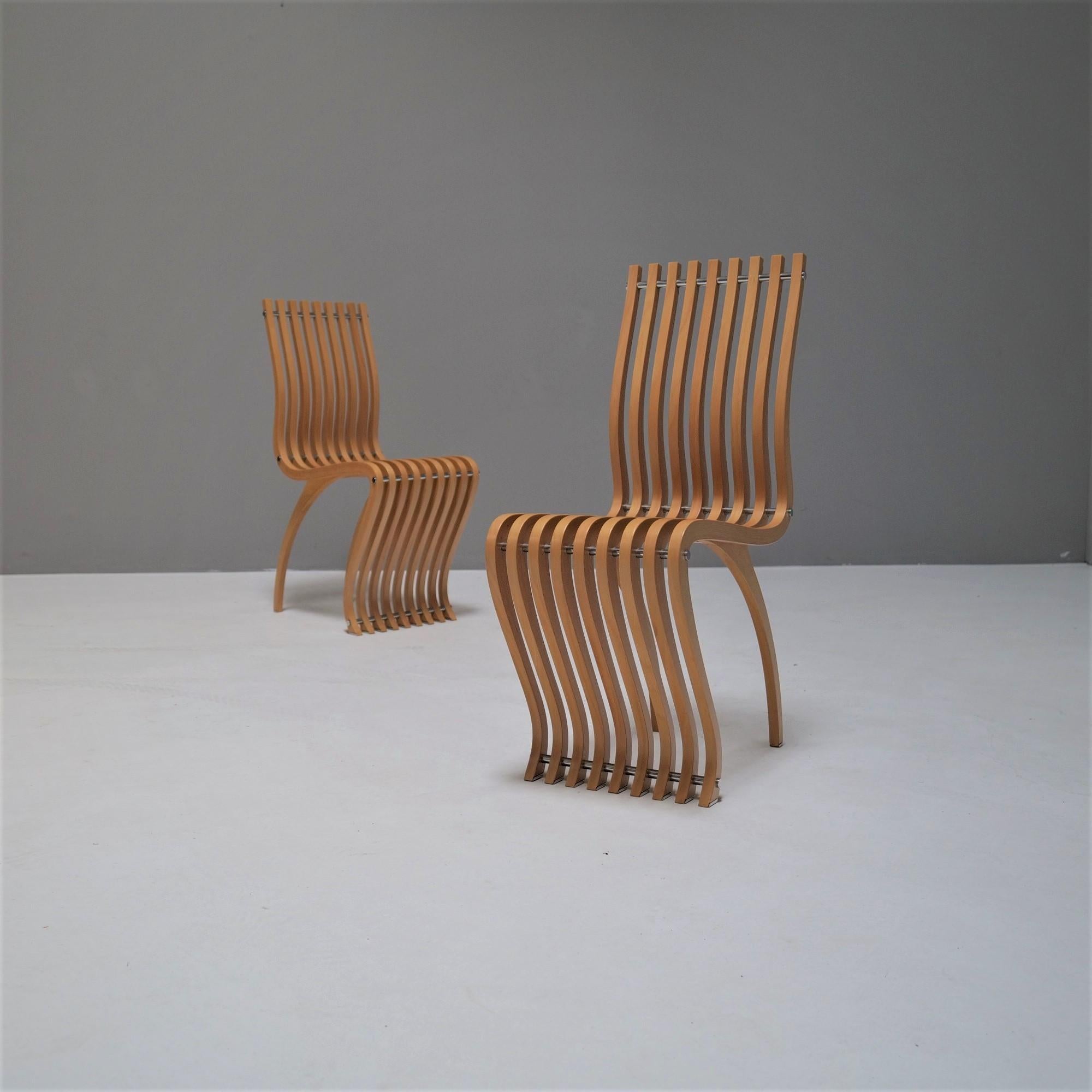 Metal Ron Arad, a Pair of Dining Chairs Mod. Schizzo, 1989