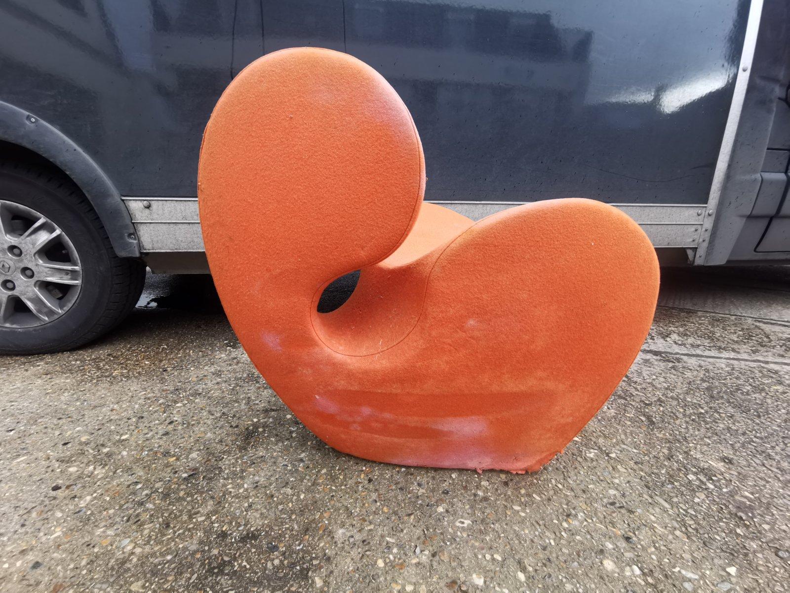 Ron Arad Circa 1991.
Four soft big heavy orange armchairs made by Moroso. Italy.
Soft big heavy is an armchair with stress-resistant polyurethane foam and polyester fiberfill, on a hardwood frame.? 
These four funky orange armchairs were part of