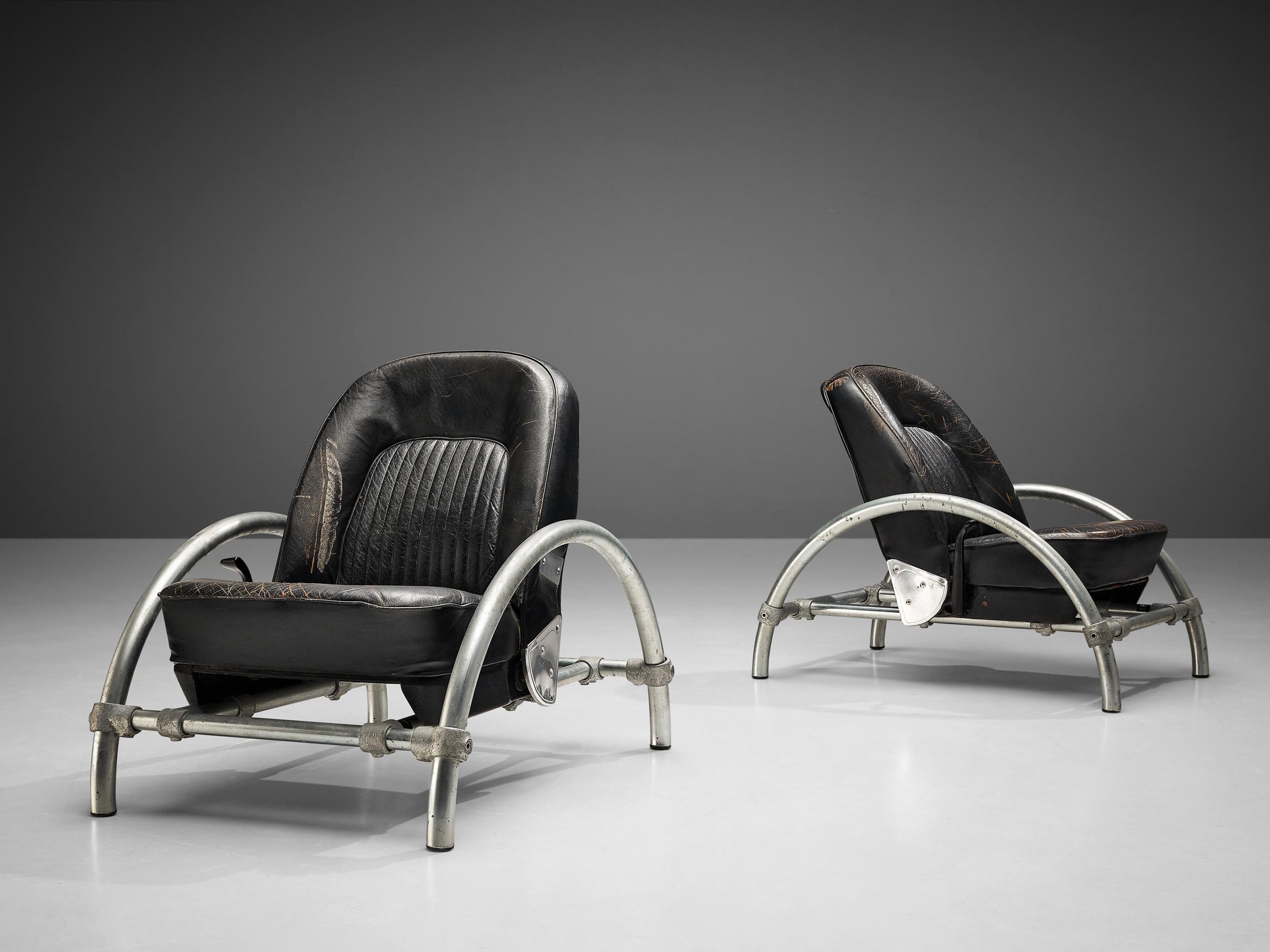 Ron Arad for One Off 'Rover' Lounge Chairs in Steel and Original Leather In Good Condition In Waalwijk, NL