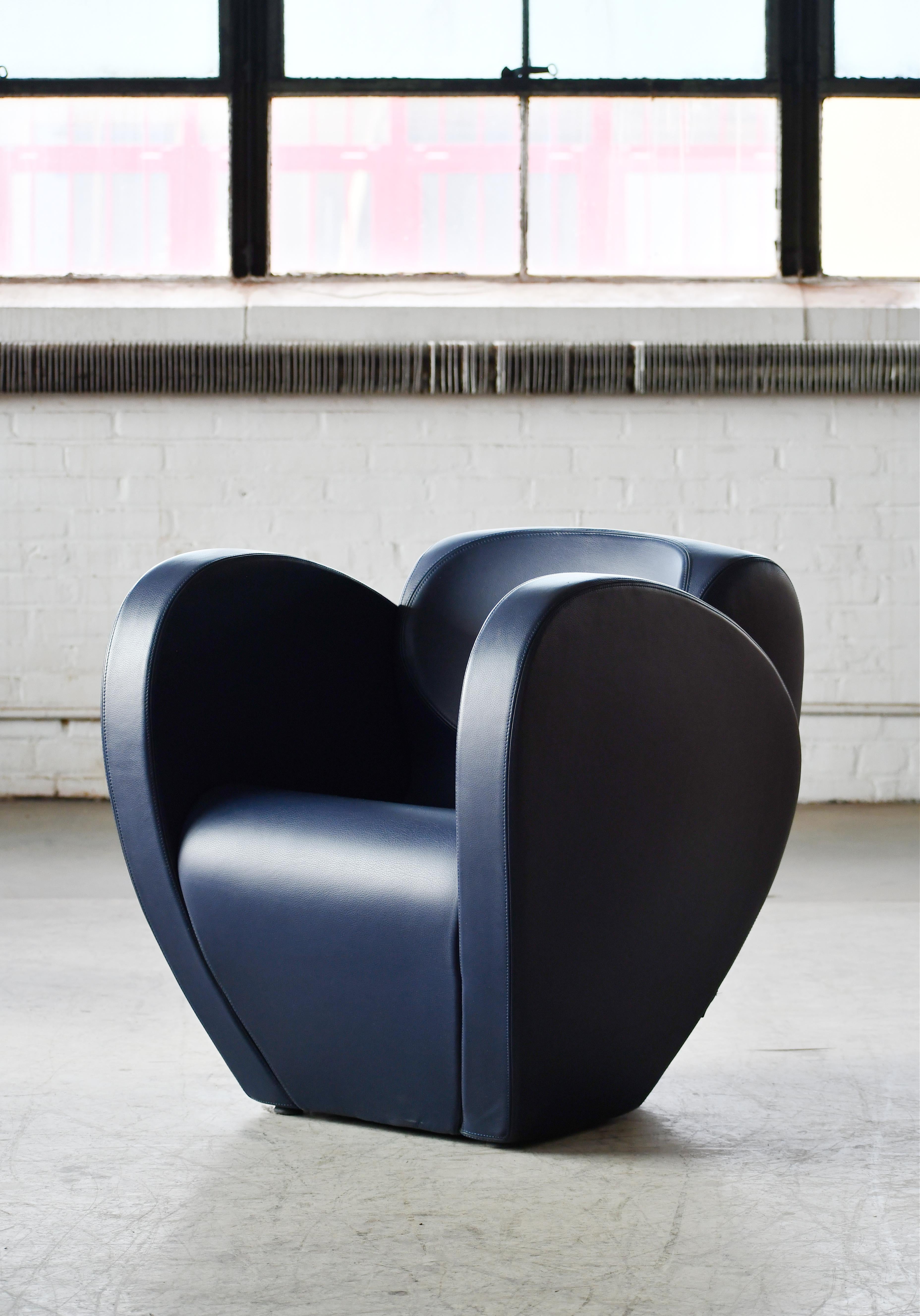 This amazing armchair from the Spring collection was designed by the famous Ron Arad as Model 10 in 1991 for Moroso of Italy. Frame upholstered with polyurethane foam covered in a soft blue leather. Extraordinary lines from all angles and very