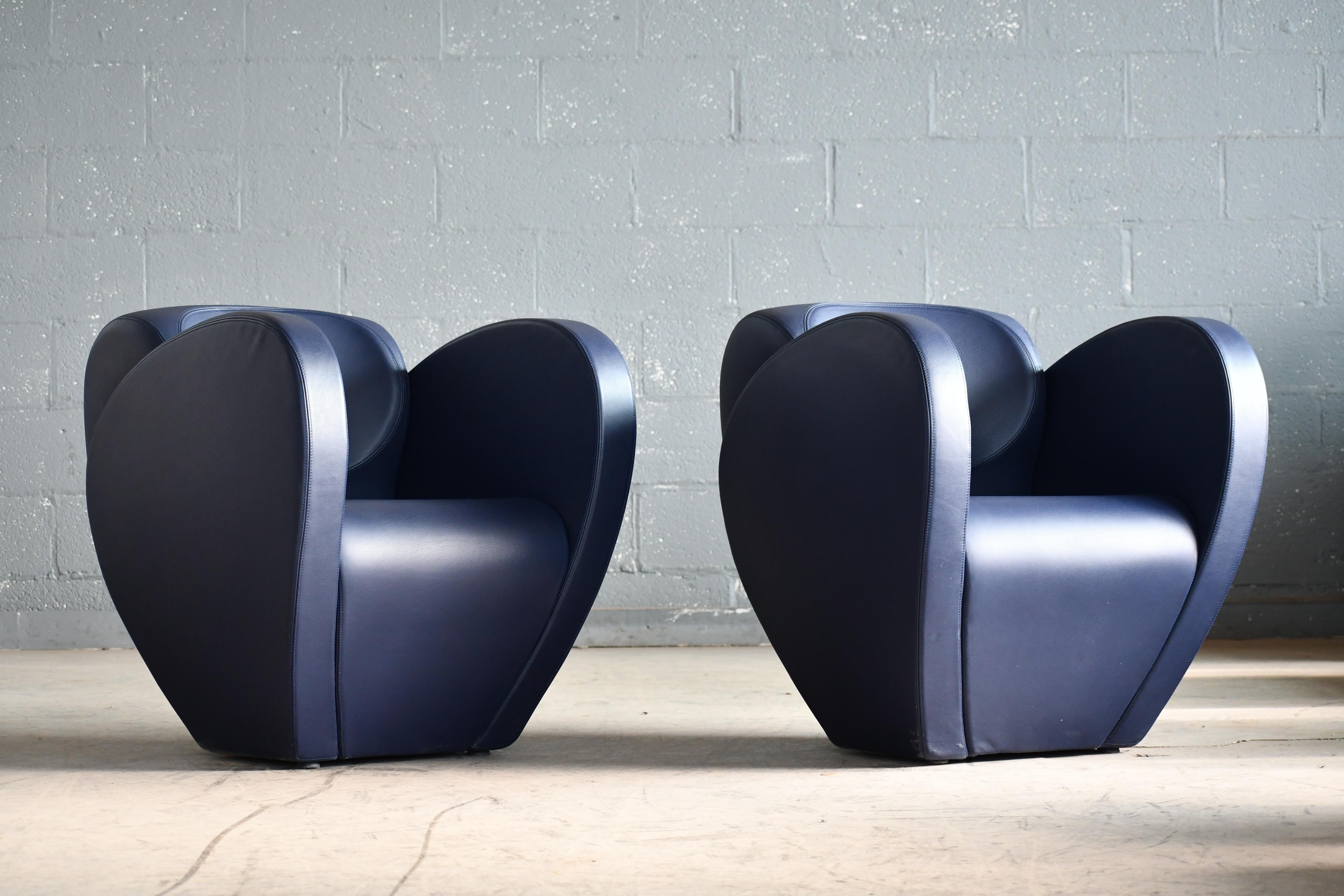 This amazing armchair from the Spring collection was designed by the famous Ron Arad as Model 10 in 1991 for Moroso of Italy. Frame upholstered with polyurethane foam covered in a soft blue leather. Extraordinary lines from all angles and very