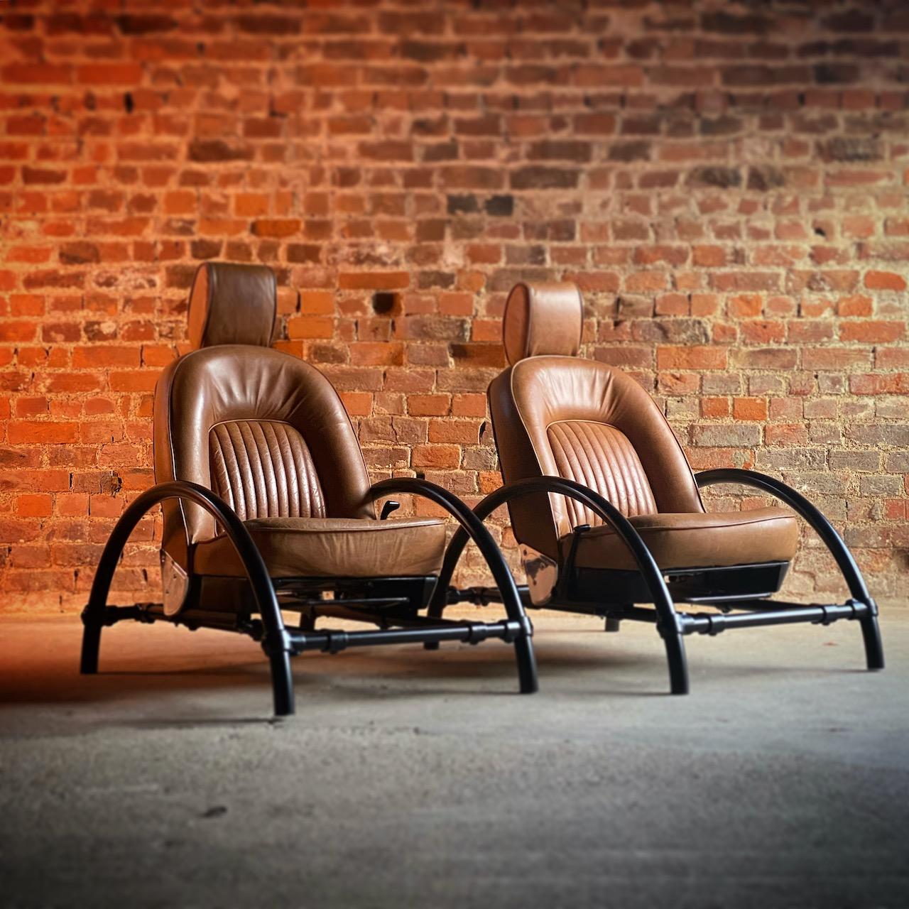 Ron Arad rover chairs pair by One Off Limited circa 1981 set 2

Fabulous pair of Ron Arad black leather rover chairs by One Off Limited circa 1981, both chairs finished in tan leather with reclining facility, both chairs come with