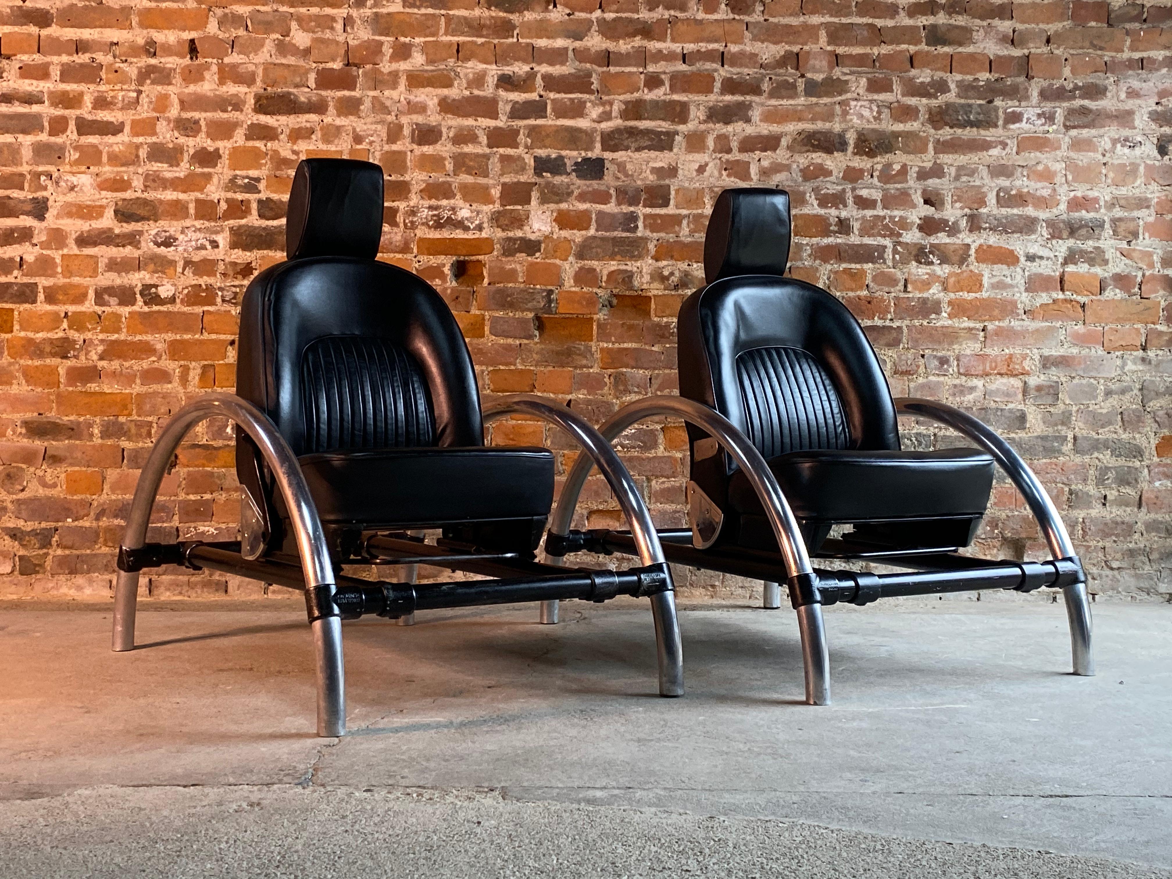 Ron Arad rover chairs pair by One Off Ltd, circa 1981

Fabulous pair of Ron Arad black leather Rover chairs by One Off Limited circa 1981, both chairs finished in black leather with reclining facility and a forward and back action, both chairs come