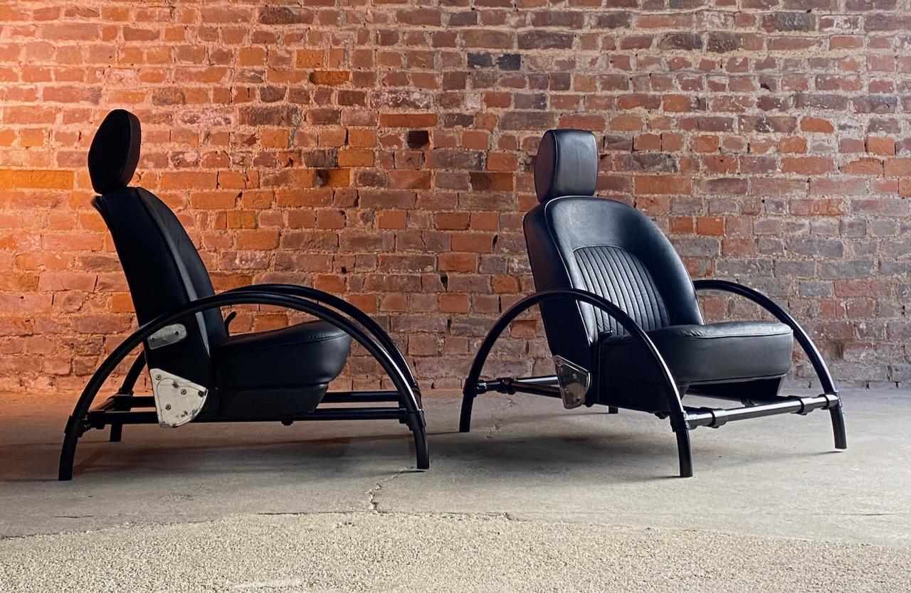 Ron Arad Rover chairs pair by One Off Limited, circa 1981

Fabulous pair of Ron Arad Black leather Rover chairs by One Off Limited circa 1981, both chairs finished in black leather with reclining facility and a forward, both chairs come with