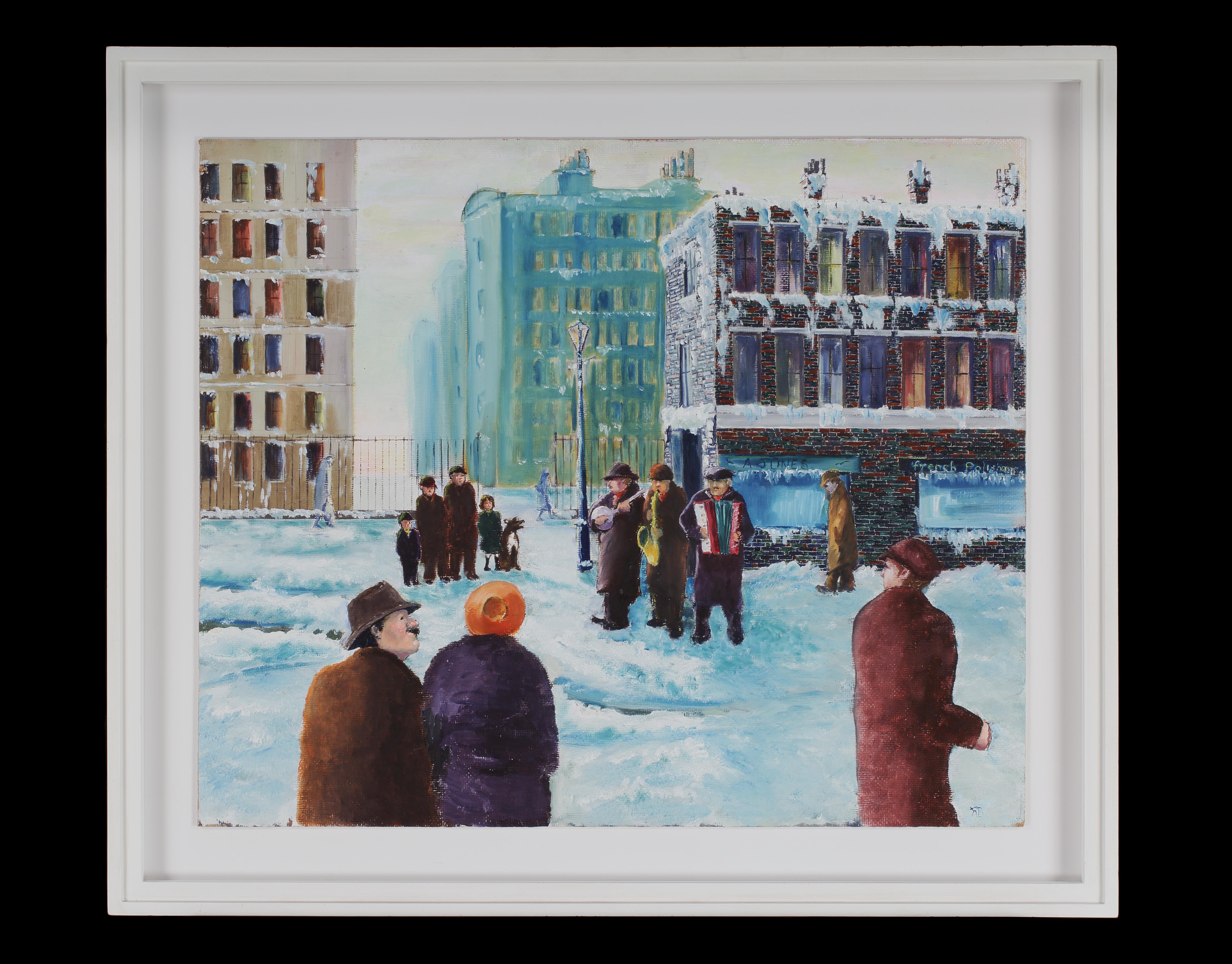 Ron Barnes : The buskers, New York, acrylic on board, RB monogram lower right, circa 1930

Evokes the atmosphere of the period and the spontaneity and aliveness of the moment
Engaging composition with a vibrant quality drawing the viewer into the