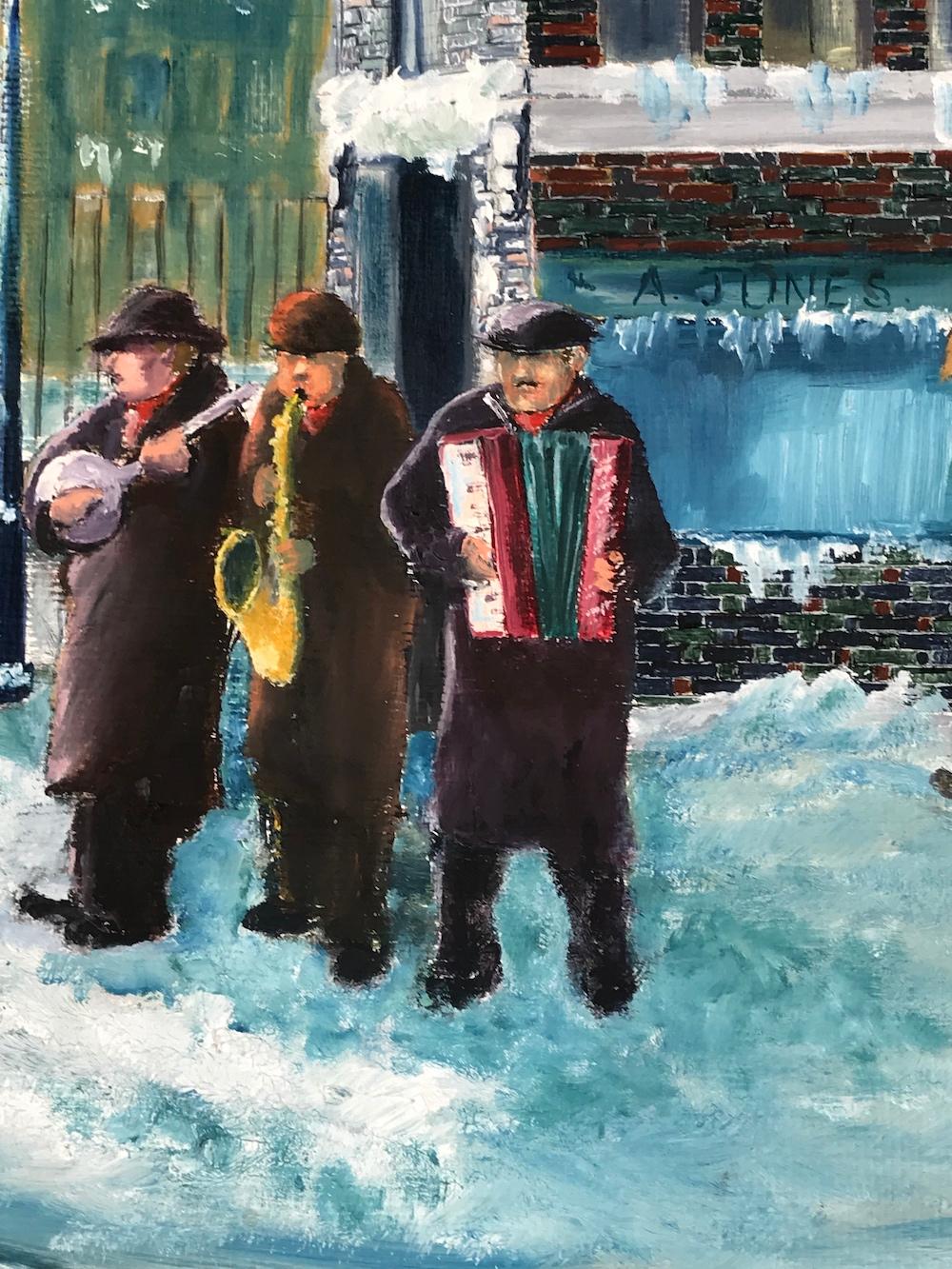 Art Deco Ron Barnes the Buskers New York Acrylic c1930 Monogram RB Snow Blue Orange Green For Sale