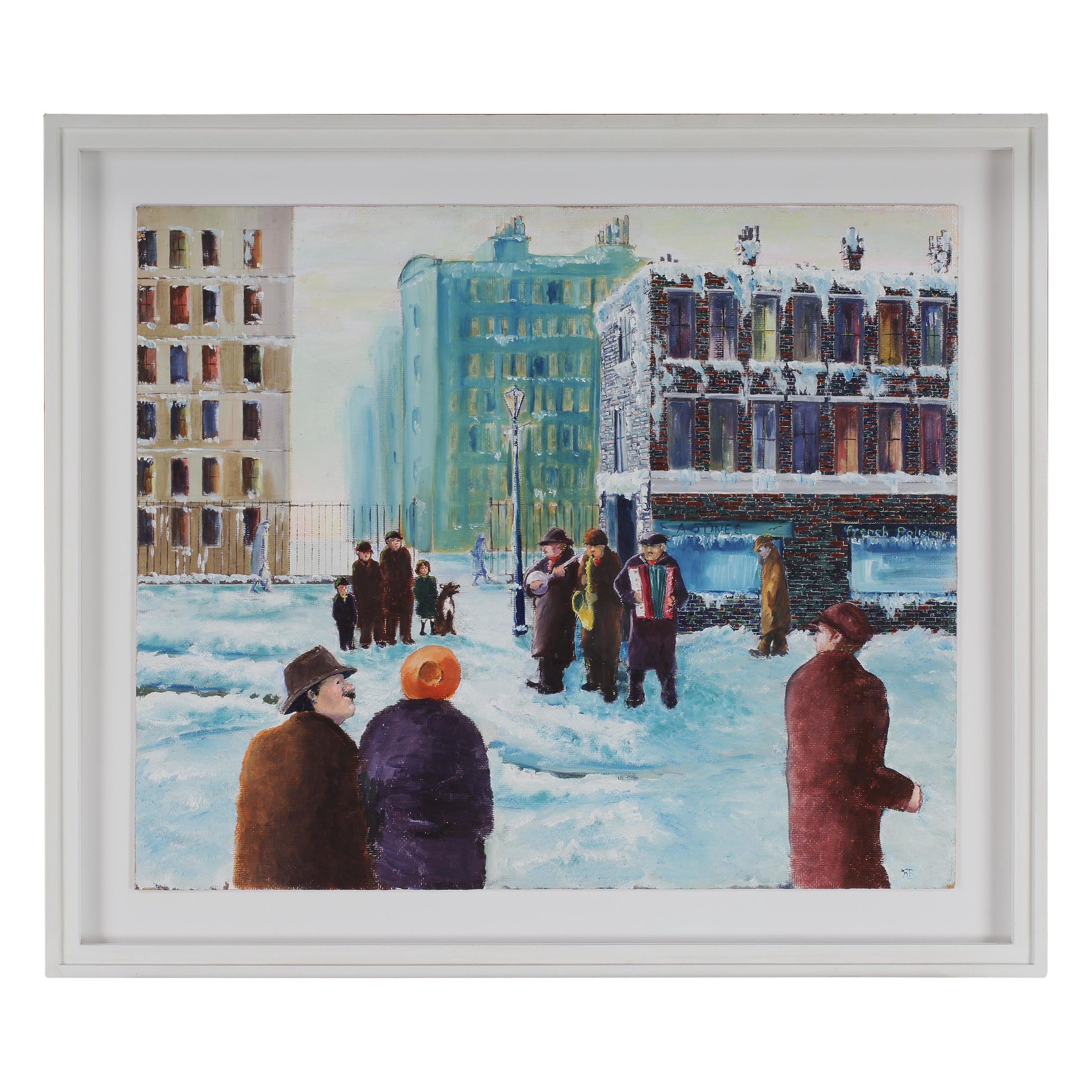 Ron Barnes - Les Buskers New York - Acrylique - Monogramme RB - Bleu neige, orange et vert