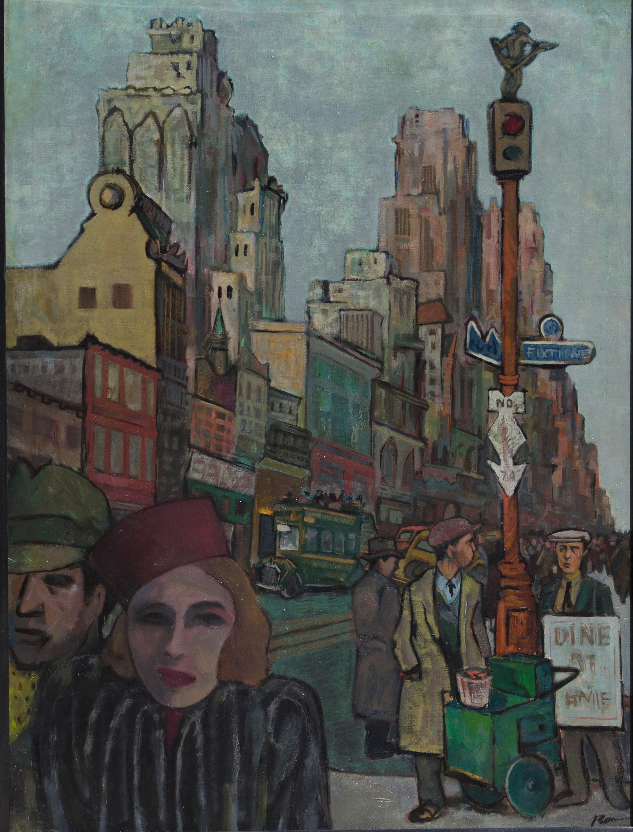Ron Blumberg Figurative Painting - City Street: Fifth Avenue