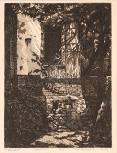 "Facade" - Intaglio Etching of a Brick Building with Trees by Ron Blumberg