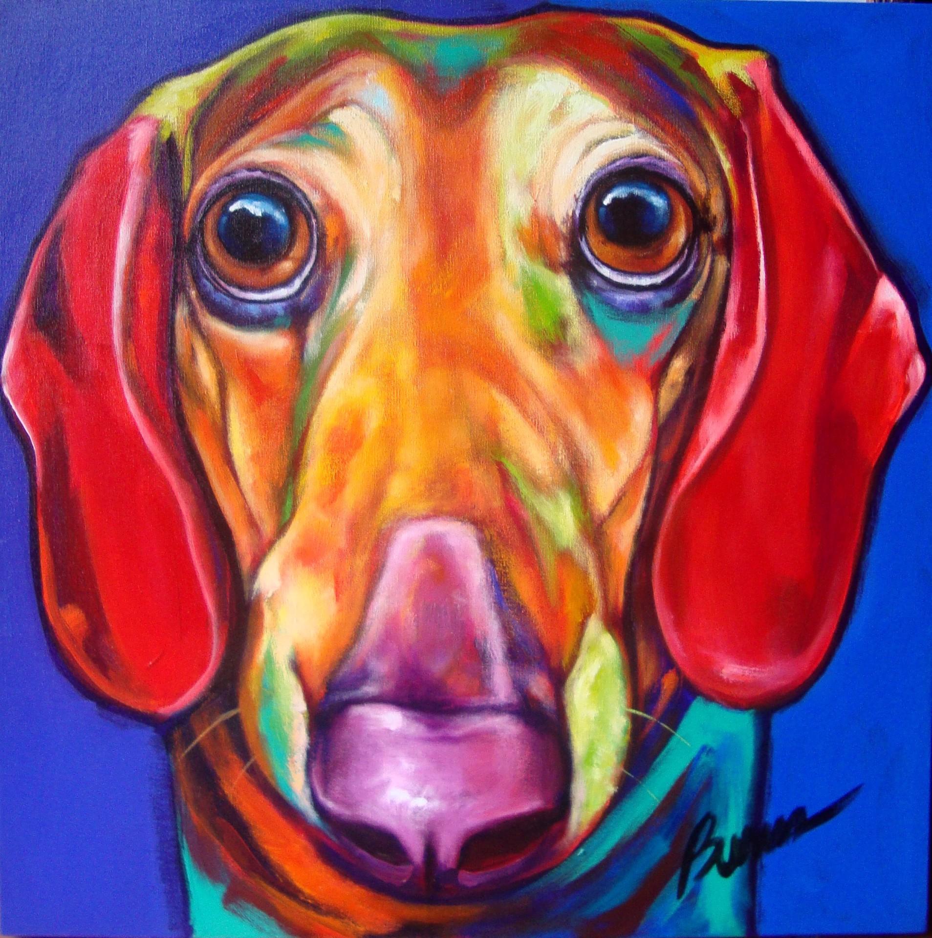 Ron Burns Abstract Painting - Brightly colored contemporary dog painting of a Dachshund in blues and reds