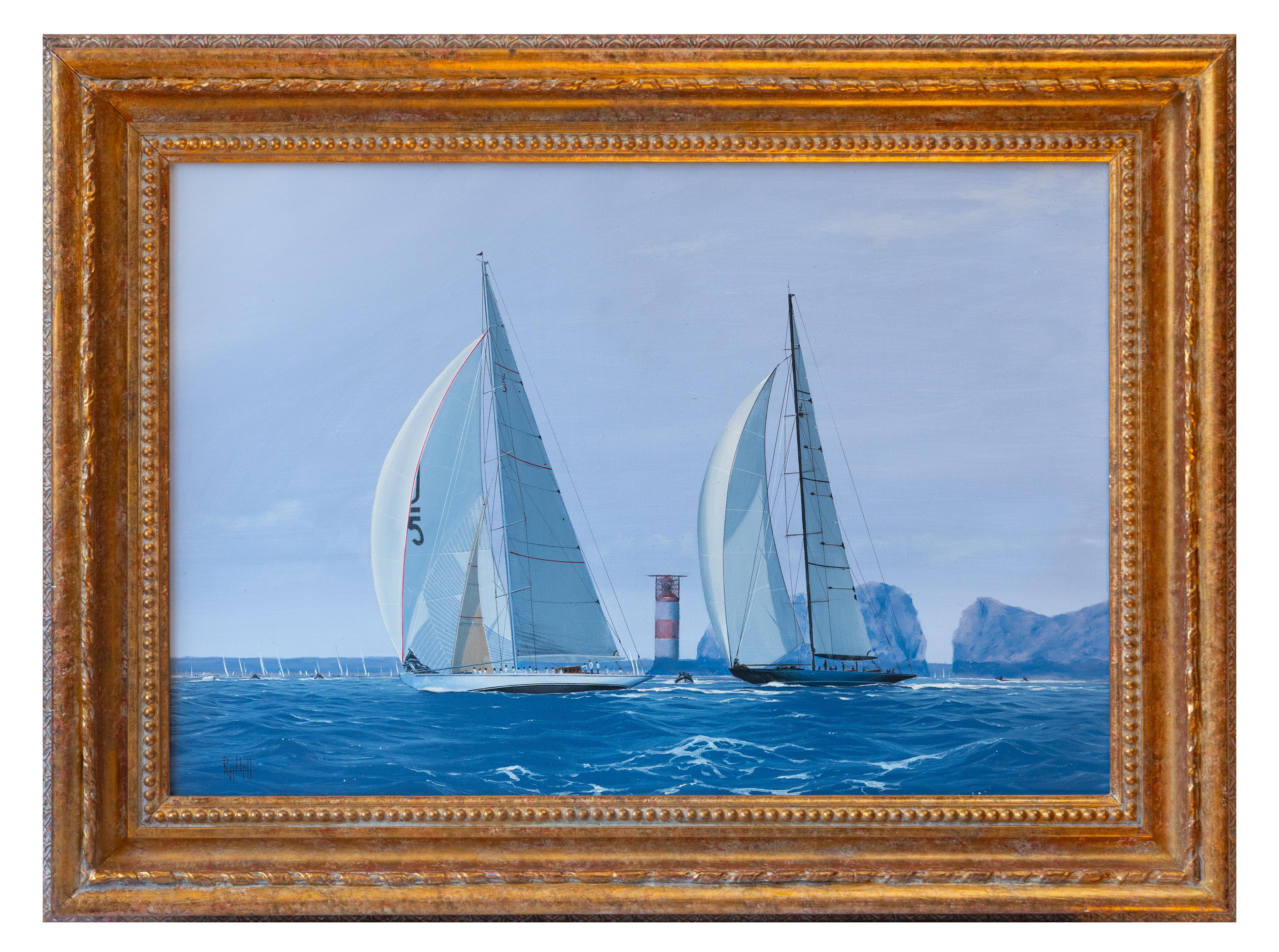 Ranger and Lionheart Racing off the Needles, Modern Oil on Canvas