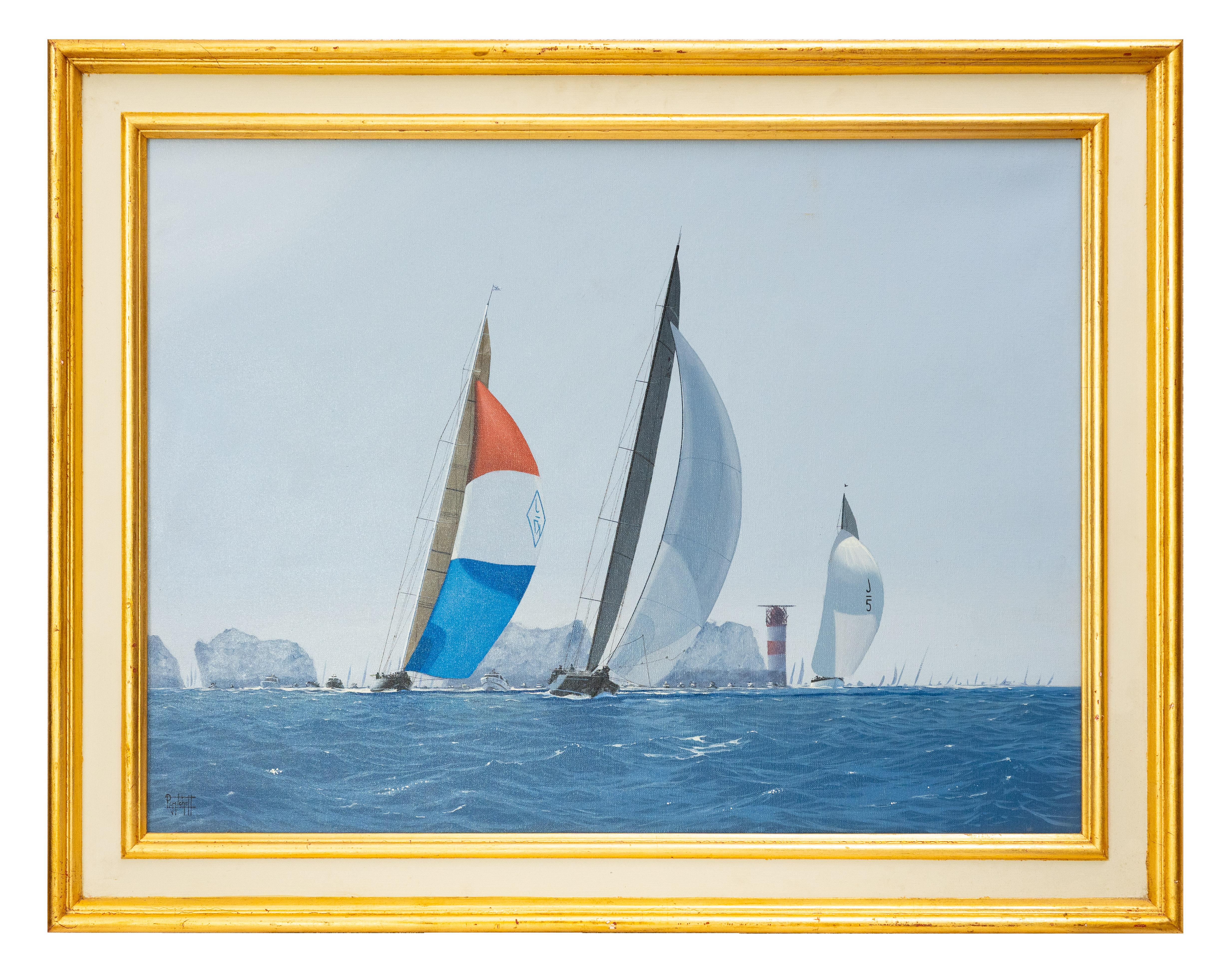 Ron Charles Mitchell Landscape Painting - Modern Oil Painting of Racing Boats at Sea, Framed Canvas Art