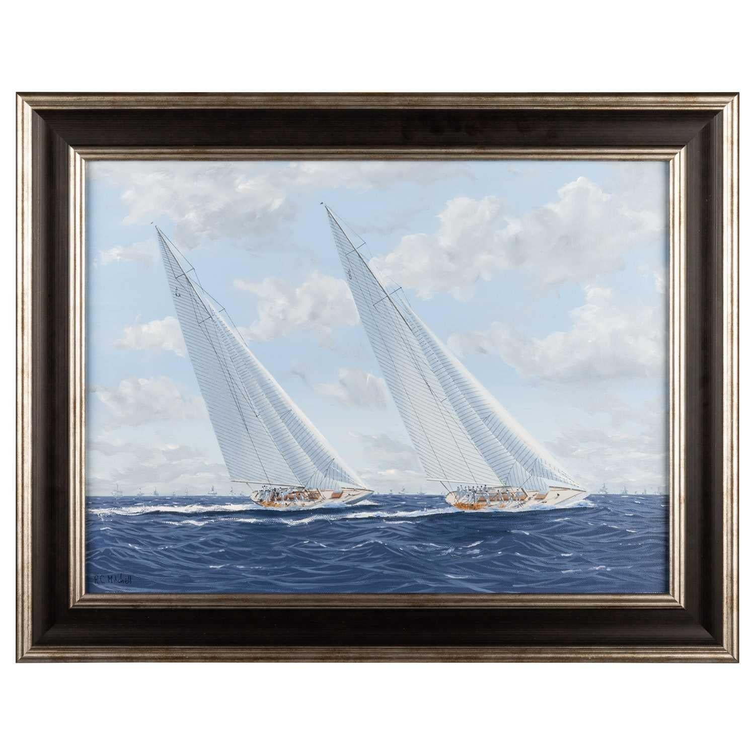 Ron Charles Mitchell of London (b.1960)  Americas Cup 1937 Yacht Racing 
Measuring framed 29 x 38.5cm (11.4