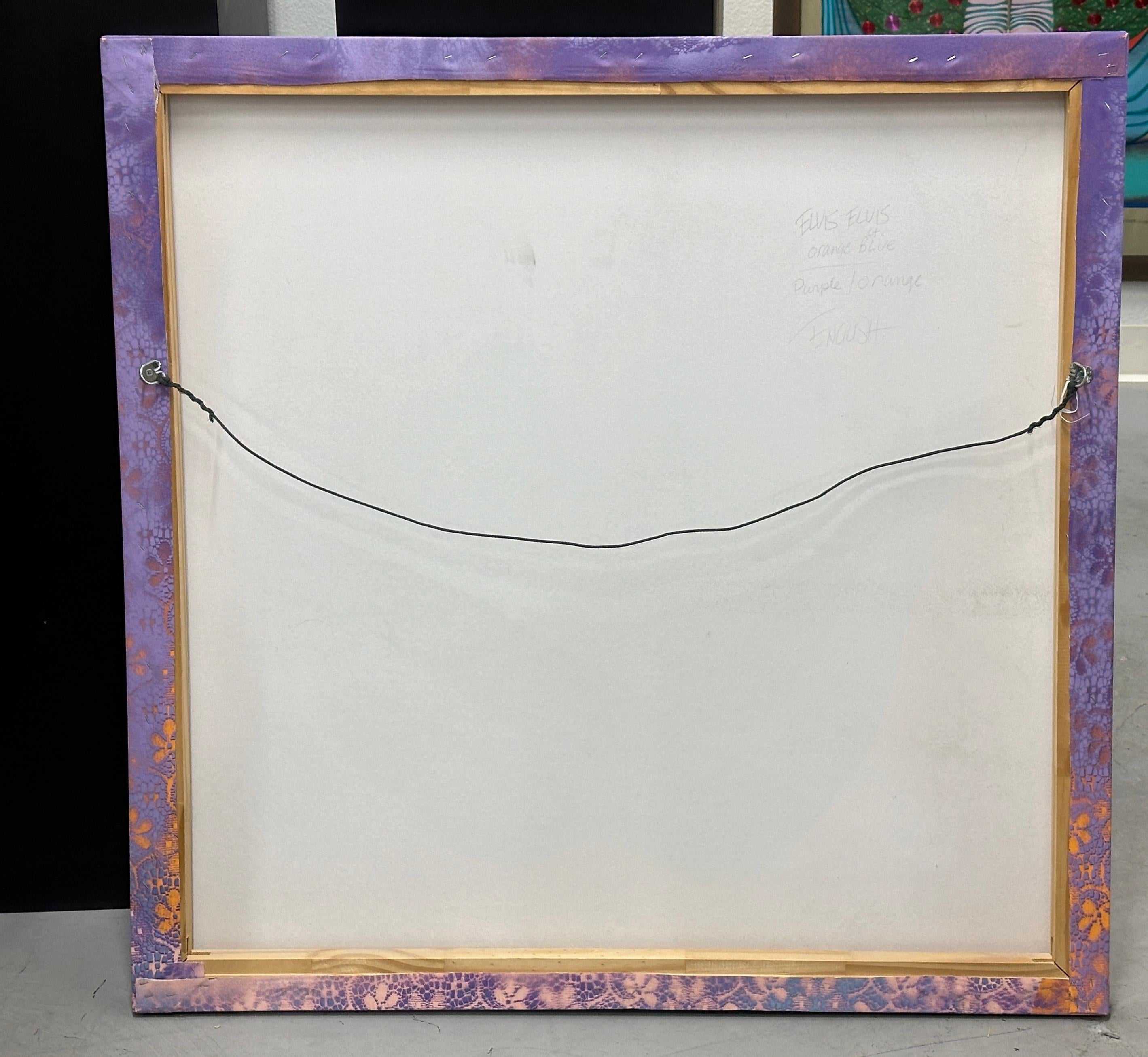 A great image by the noted Pop Artist Ron English. This work is a c print on Canvas. Title on the back and signed Elvis Elvis Purple Orange, Orange Purple. It is also signed English. Measures 36x36 inches. The work is wonderfully evocative and very