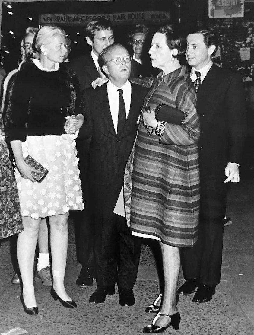 Ron Galella Black and White Photograph - Premiere of "Trilogy" at the Arts Theatre. C.Z. Guest, Truman Capote, And Diana 