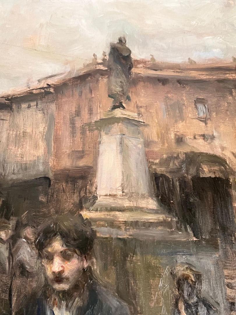 Une journée grise à Milan - Gris Landscape Painting par Ron Hicks