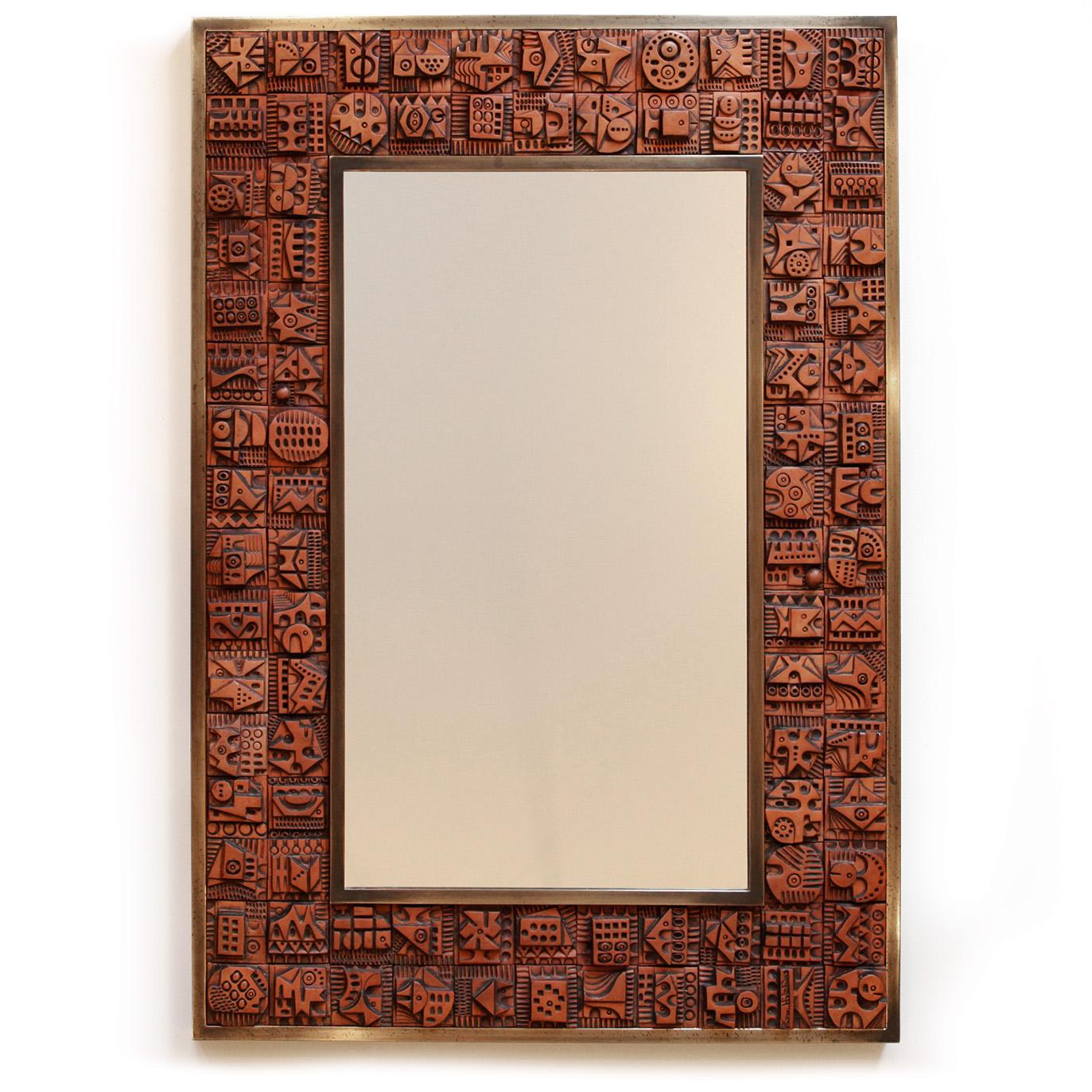Stunning original mirror made by the artist, with 92 uniquely handmade terracotta tiles. Signed by the artist in one of the tiles. This large, striking mirror has a great Brutalist and Modernist feel. Another slightly larger mirror of the same style