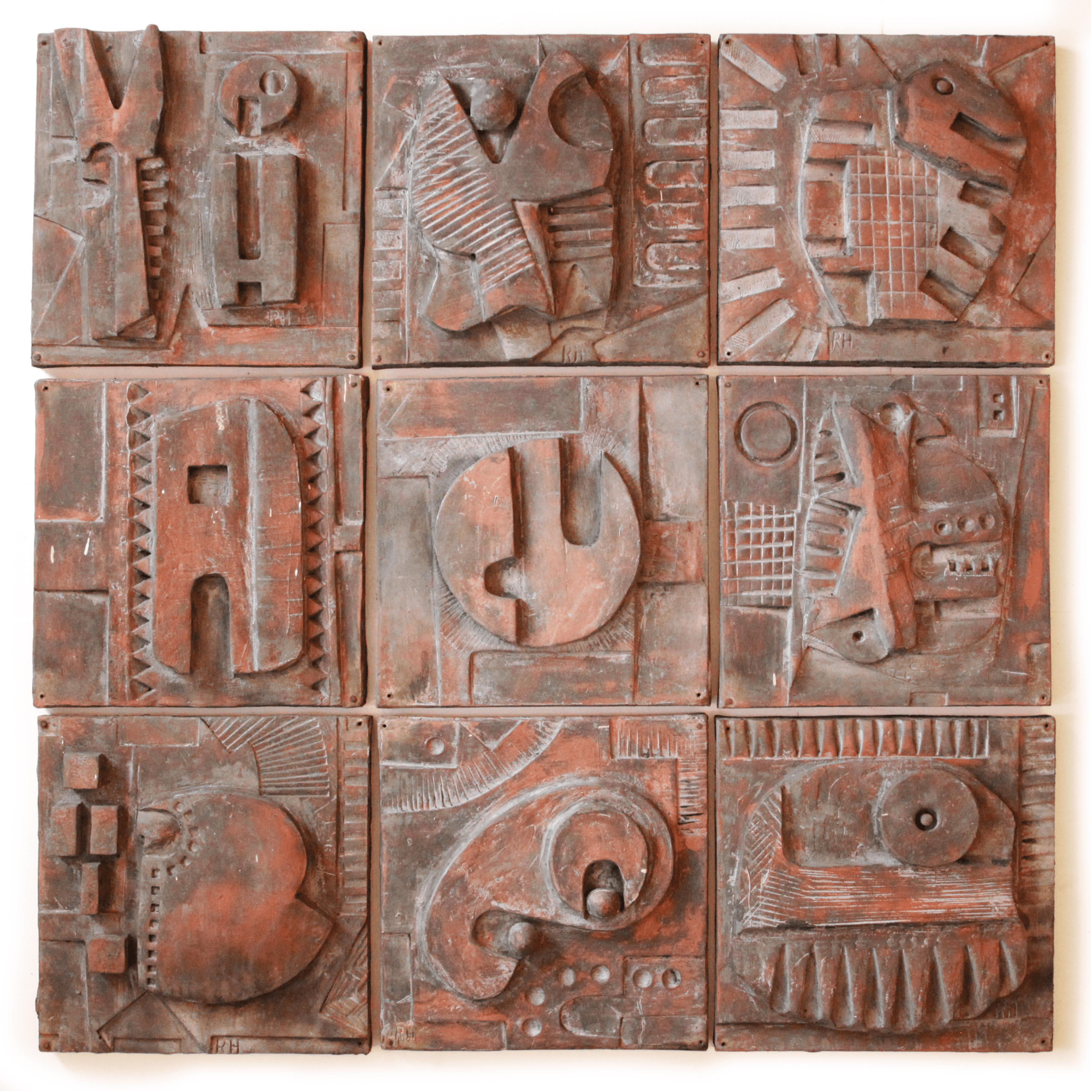 Stunning original panel made of 9 handmade fibreglass relief sculptures from the artist's own home. Each sculpture is unique, with beautiful rust and copper tones, and several are signed by the artist.

This very large, striking piece has a great