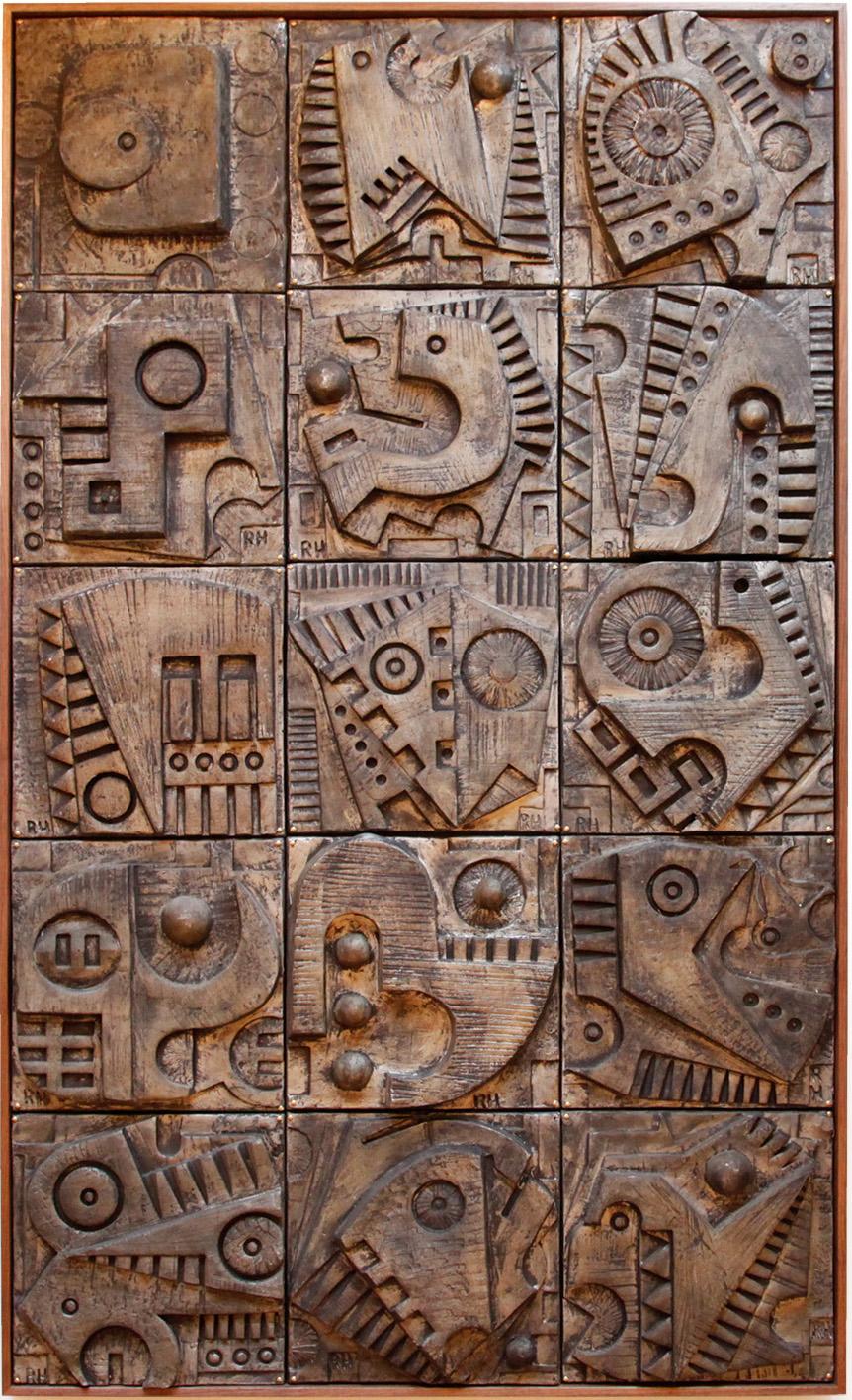 Monumental Panel of 15 Brutalist Relief Sculptures by Ron Hitchins