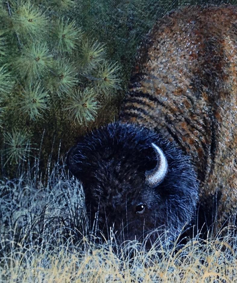 Beautiful Buffalo painting by Ron Holyfield (American, b-1937). Ron Holyfield’s paintings exhibit a sense of presence that could be created only through a deep love of subject as well as a mastery of technical skills. His birds and animals look out