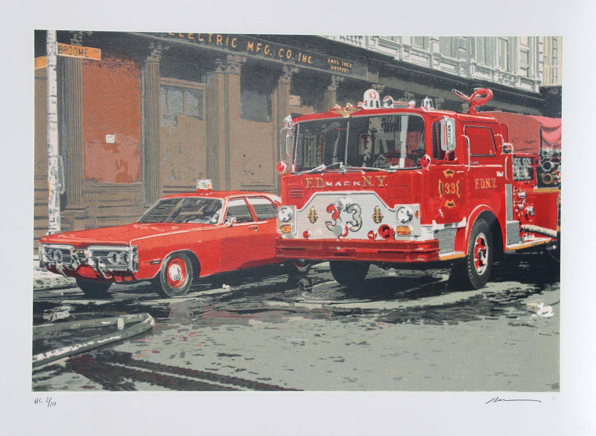 Künstler: Ron Kleemann, Amerikaner (1937 - ) 
Titel:  Feuerwehrauto (FDNY)
Jahr: 1979
Medium: Serigrafie auf Somerset-Papier, mit Bleistift signiert und nummeriert 
Auflage: 250
Papierformat: 22 x 30 Zoll (56 x 76 cm)