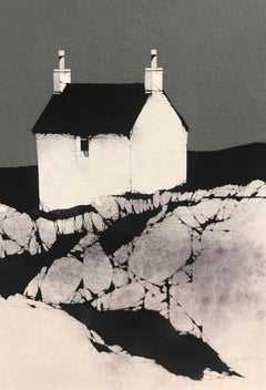 Hebridean Cottage In Mono - Original Landscape Painting by Ron Lawson