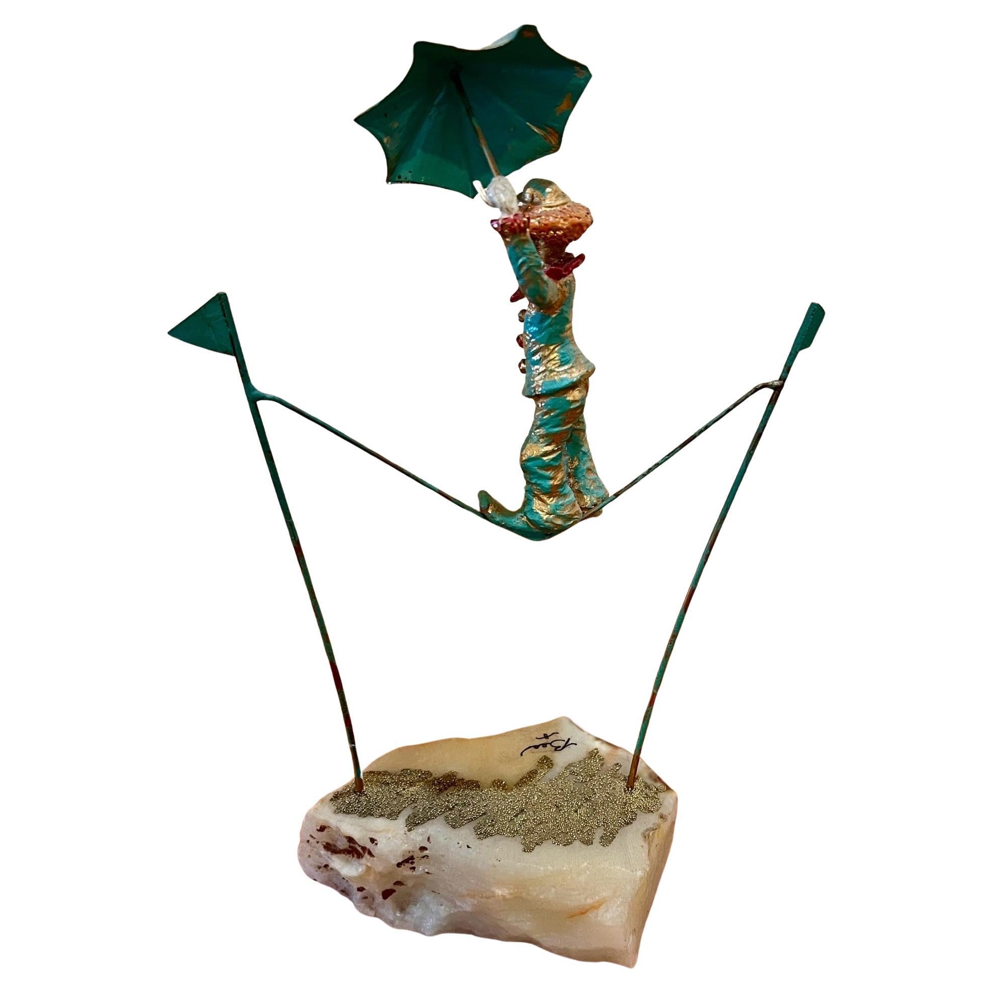Mid-Century Modern Ron Lee Clown Sculpture in Bronze Onyx Base Tightrope & Umbrella For Sale