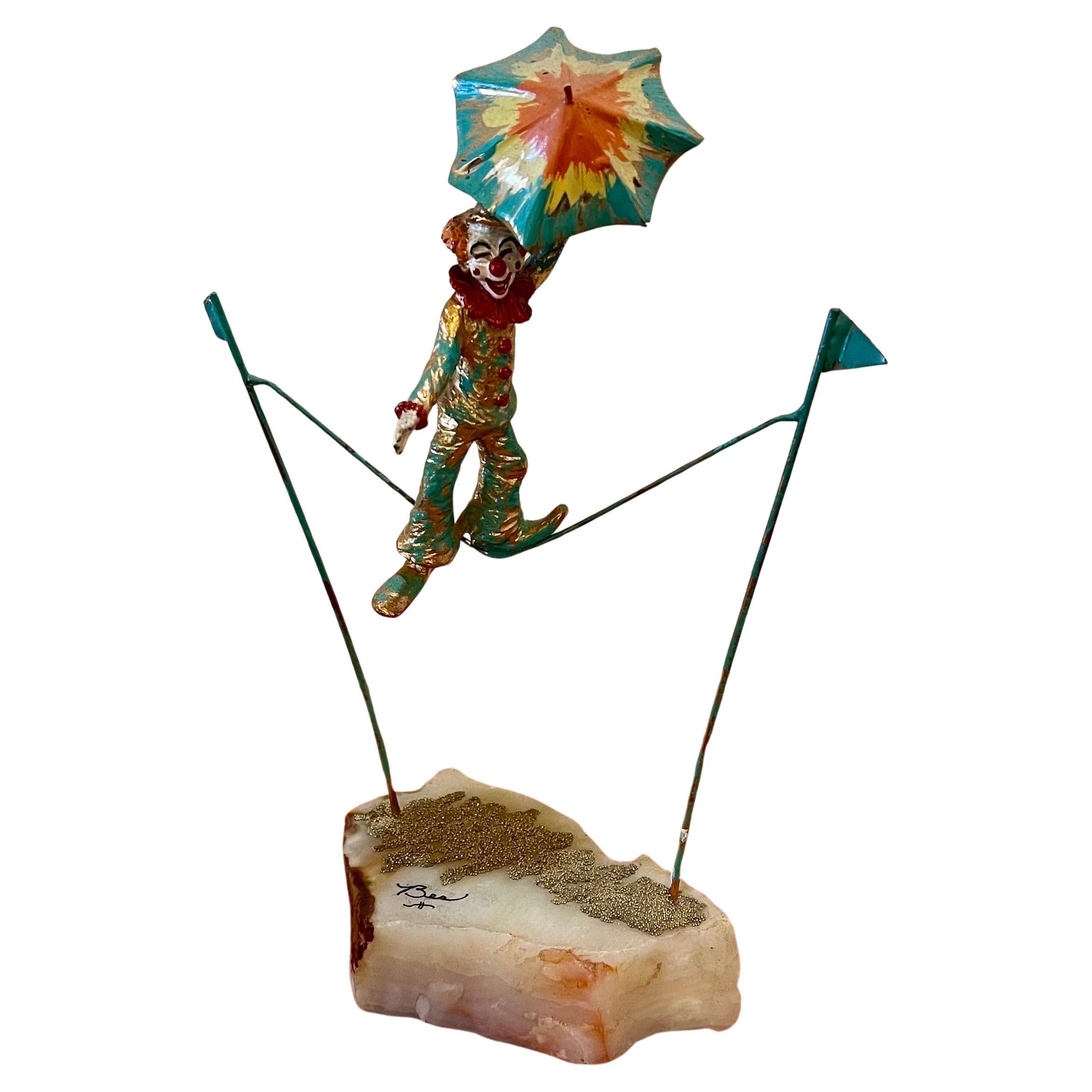 Enameled Ron Lee Clown Sculpture in Bronze Onyx Base Tightrope & Umbrella For Sale